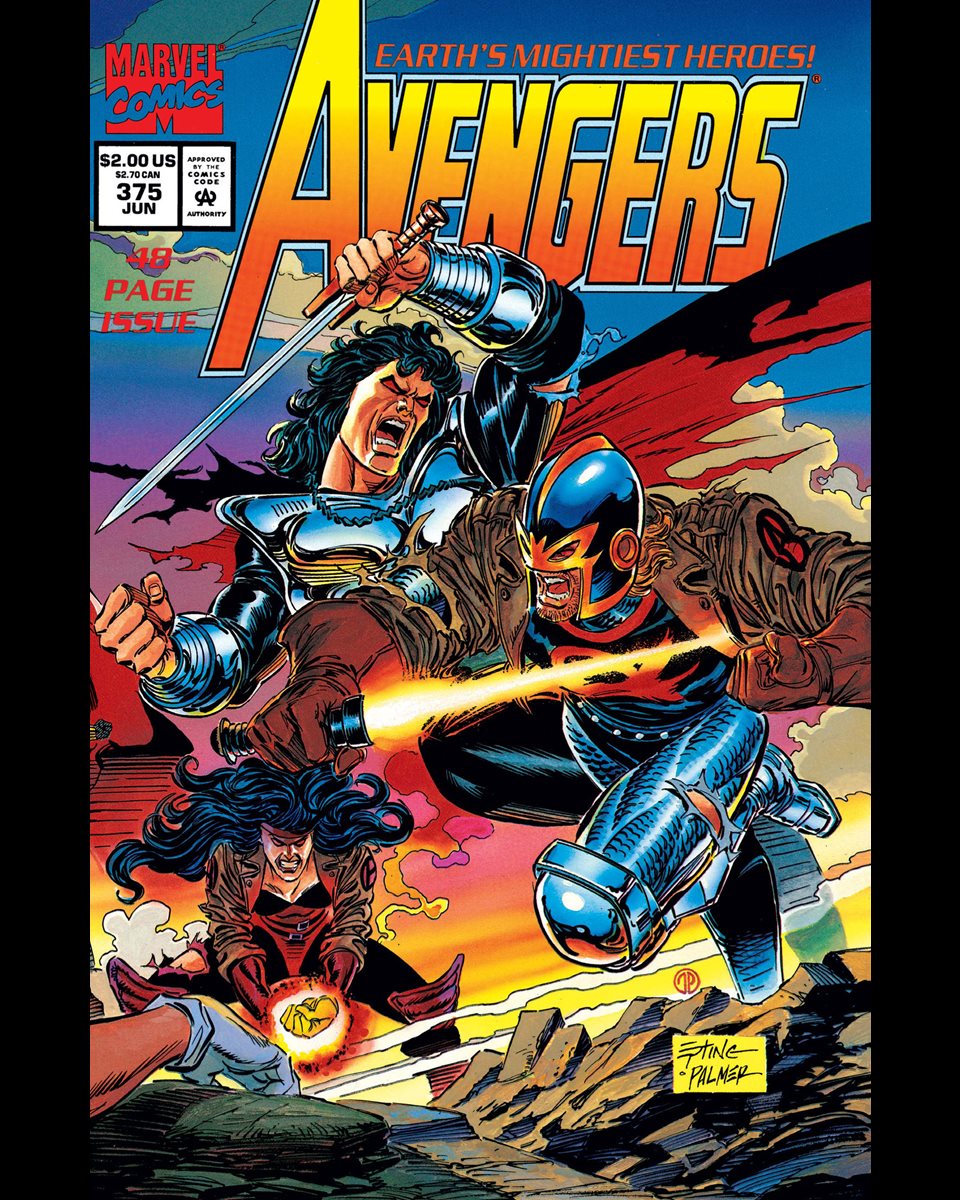 ClassicMarvel_'s tweet photo. Avengers #375 cover dated June 1994.

Black Knight discovers that Proctor is his parallel Earth counterpart. After realizing that her madness may be incurable, Sersi banishes herself to a pocket dimension. Plus, Ute the Watcher gets involved in the Avengers' fray with the Gatherers!