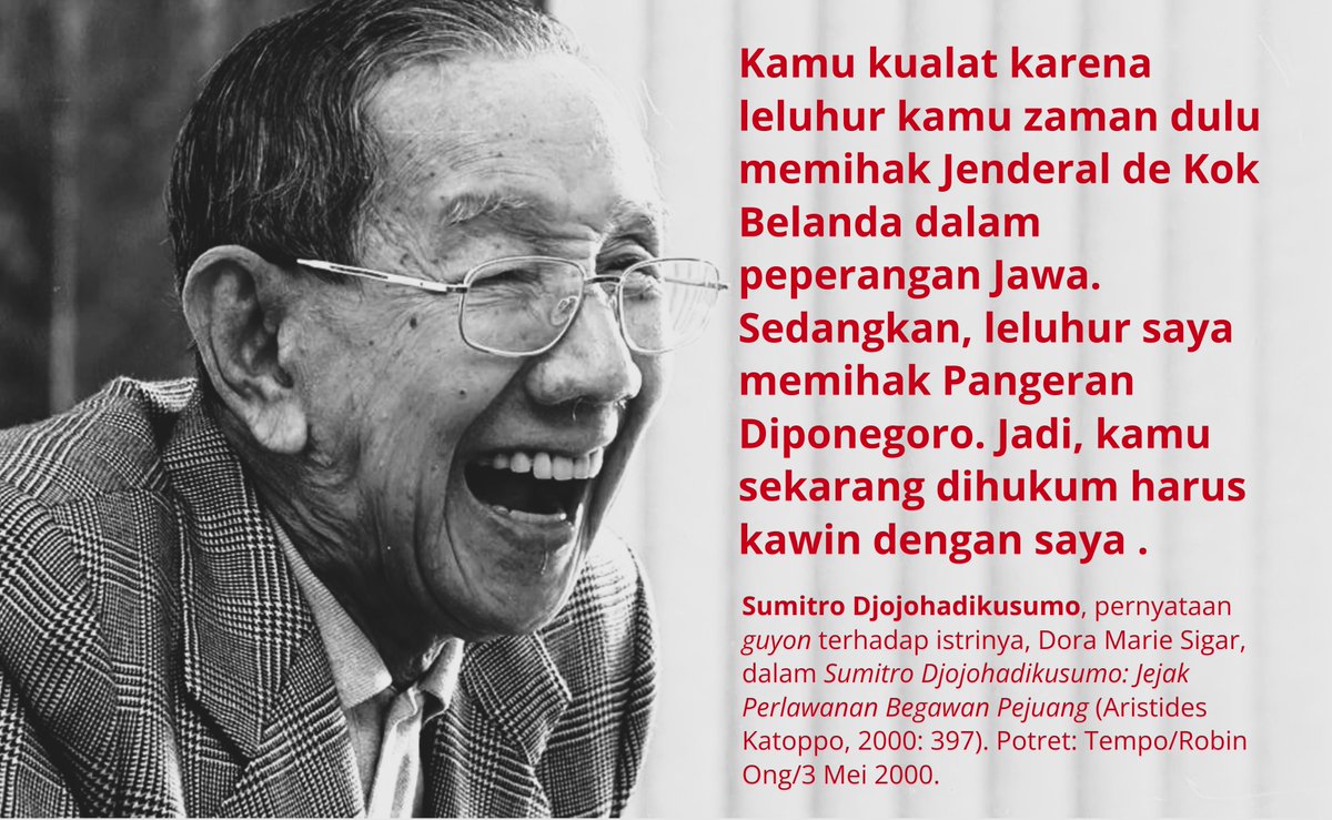 potretlawas's tweet photo. Sementara Prabowo tak menggemari fakta bahwa leluhur ibunya membantu Belanda, Sumitro Djojohadikusumo malah kerap memakainya utk mencandai Dora Sigar, istrinya:

Kamu kualat. Dulu leluhurmu memihak jenderal De Kock, jadi kamu dihukum harus kawin dg keturunan pengikut Diponegoro. https://t.co/gmYDV1o9lr