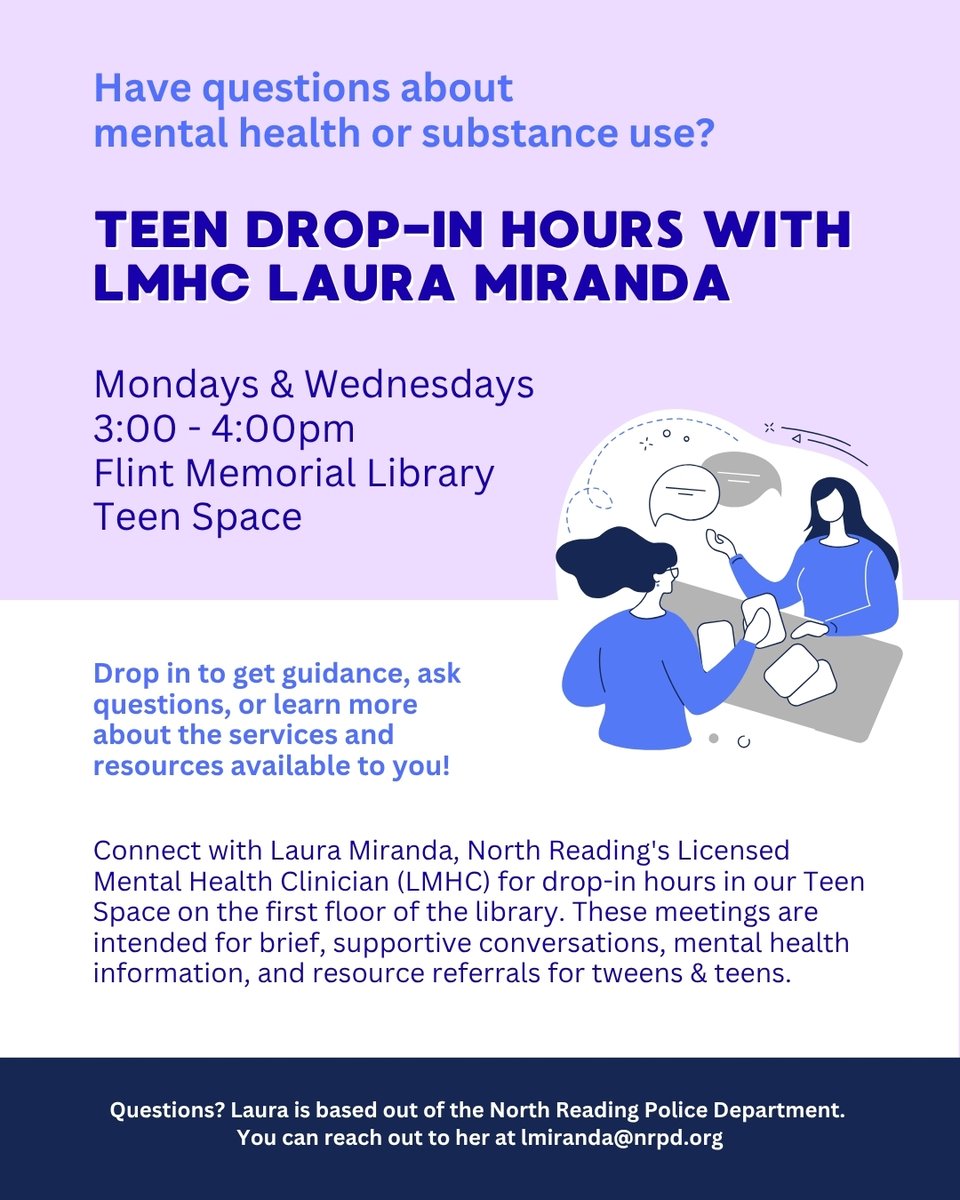 NorthReadingCIT's tweet photo. Did you know that LMHC Laura Miranda is available Mondays and Wednesdays from 3p-4p at the Flint Memorial Library for teen drop-in hours? Read more! https://t.co/4CzQDZvVT5