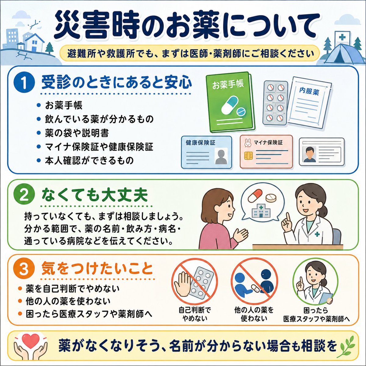 MidoriyaShimiz's tweet photo. 被災された皆さまへ。お薬のことで困っていませんか？薬剤師からのお願いです。

「薬の名前がわからない」「手持ちがもうすぐなくなる」という場合も、まずは救護所や避難所の医師・薬剤師にご相談ください。
⚠️ 大切なお願い
❌ 自己判断でお薬をやめない 
❌ 他の人の薬をもらって飲まない https://t.co/K2zGbabvXs