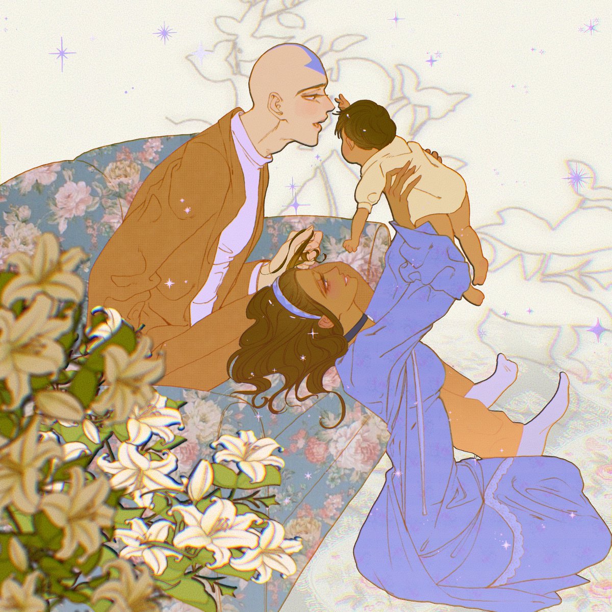 rosegoldreader's tweet photo. Day 2: Domestic Life | Katara and Aang being first time parents, having some family time, and making silly noises with their baby boy Bumi 👶🏽 #kataangweek2026 #kataang

Art by @Lothaire_arts https://t.co/JXIbPMUUP4