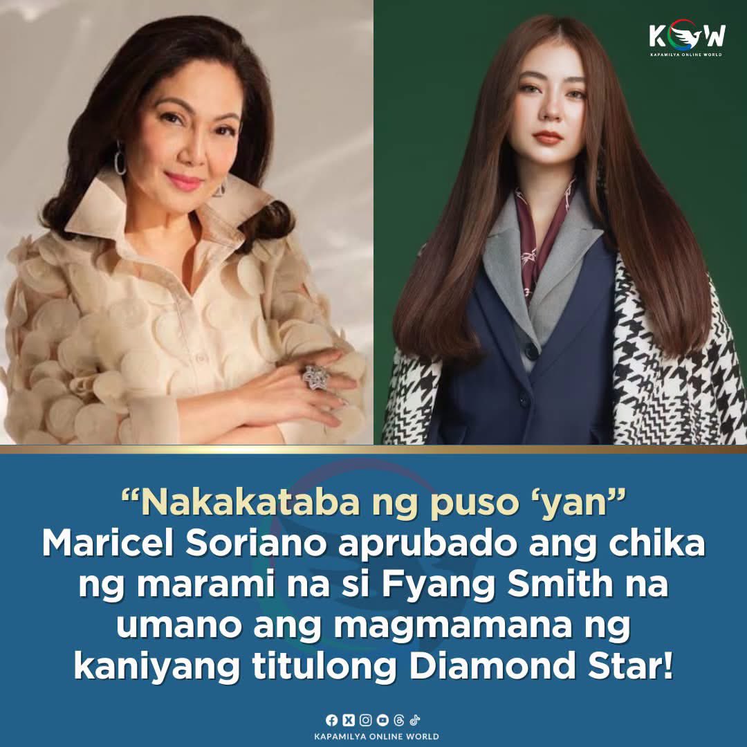 kowalerts's tweet photo. FYANG SMITH AS NEXT DIAMOND STAR??

Aprubado ni Diamond Star #MaricelSoriano ang chika ng netizens na si #FyangSmith umano ang nararapat na sumunod sa yapak niya bilang next Diamond Star, ngunit iguniit din nito na may sariling pangalang kayang itatak si Fyang at hindi lamang basta kapalit niya.

“Nakakataba ng puso yan. Pero ang gusto ko i-advise sa kanya, ‘Alam mo anak, you’re your own person. Pag dumating yung tamang pagkakataon, maipapakita mo sa kanila yung Fyang, hindi ako, di ba? Kasi gusto ko ikaw. Dahil dapat ikaw ang makita nila. I want them to see you — kung gaano kahaba na ang narating mo, kung gaano kataas na ang naabot mo,” kwento nito sa isang interview.