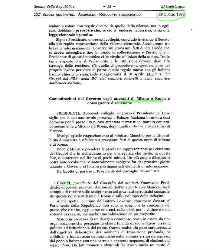 SenatoStampa's tweet photo. Dal resoconto stenografico della seduta antimeridiana del #28luglio1993 le comunicazioni del Governo sugli attentati di Milano e Roma con il Presidente del Consiglio Carlo Azeglio #Ciampi e il Ministro dell'interno Nicola #Mancino https://t.co/FHzzaZIYka https://t.co/NiyCanWVcF