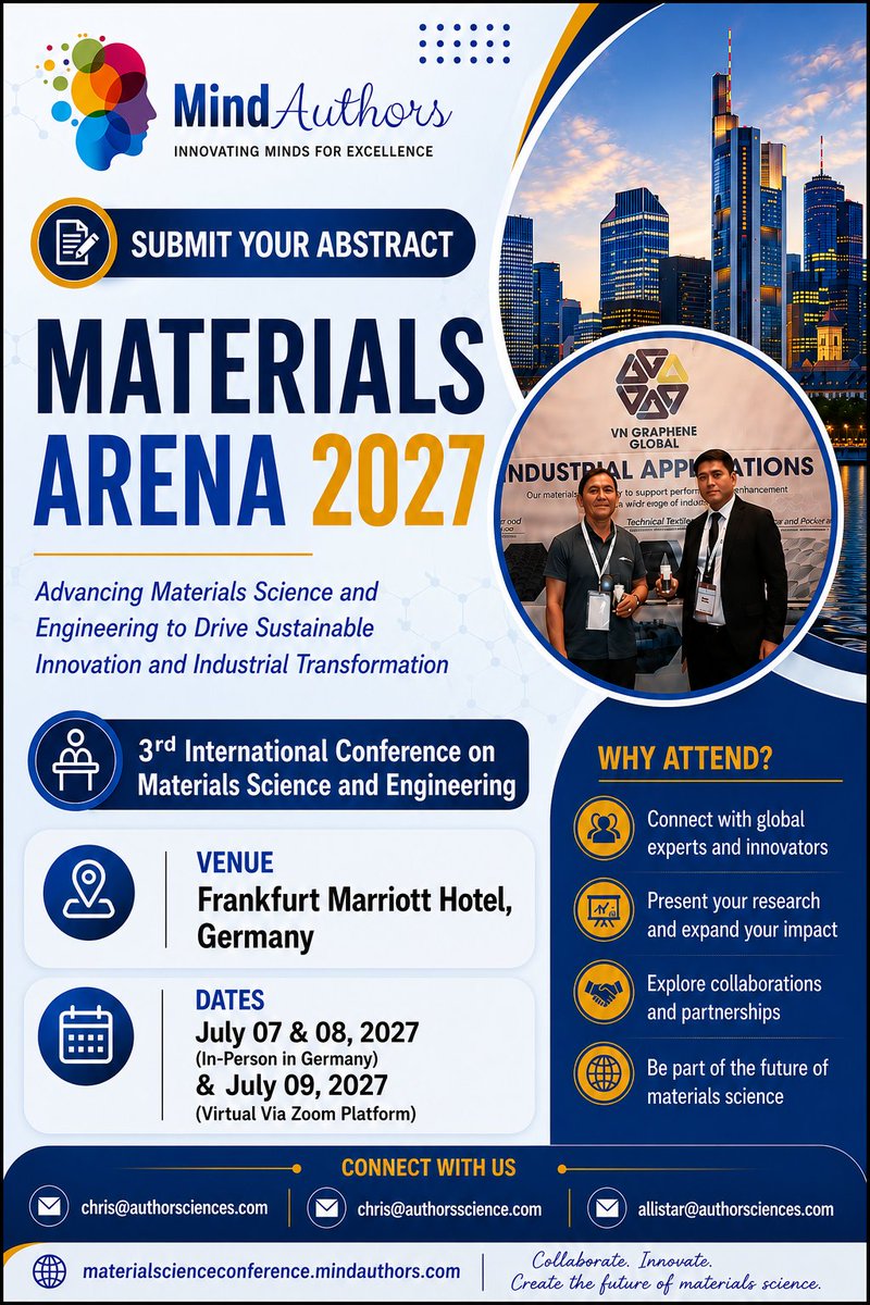 Materials_arena's tweet photo. Advance your research through global collaboration.
Present your latest work and engage with researchers driving innovation in materials science and engineering.
📍 Frankfurt, Germany
📅 July 07–09, 2027
🌐 https://t.co/tmcqJHbUJQ
#MaterialsArena2027 #Polymer #Nanotechnology https://t.co/bD0DRvKMnT
