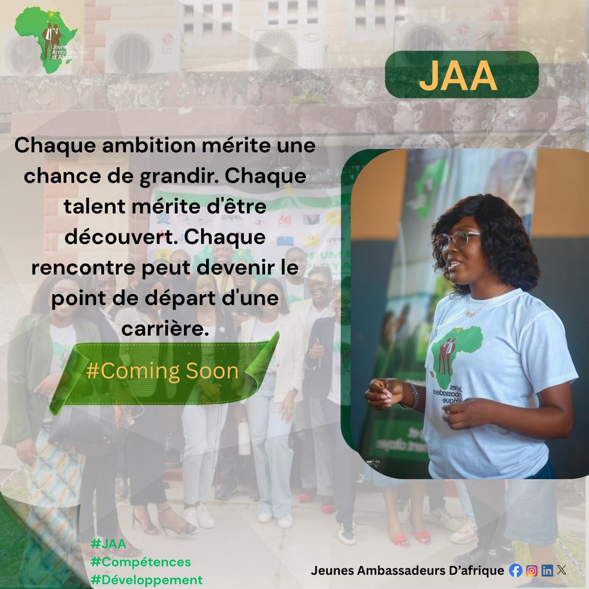 JeunesAmbassAfr's tweet photo. Chaque parcours mérite une opportunité de s’écrire.
Le prochain chapitre commence bientôt. ✨
Suivez nous sur nos différentes plateformes pour ne rien manquer !😉
#ComingSoon #JAA #JeunesAmbassadeursDAfrique #Jeunesse #Leadership #Compétences #Développement #FutureLeader https://t.co/gnuYDQQBFJ