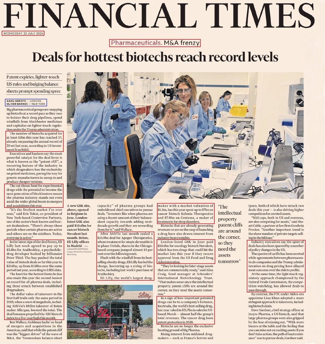 yaireinhorn's tweet photo. 1/The exponential growth in both the number and size of M&A deals in the BioTech and Pharma ecosystem is just staggering! This excellent article - by FT's Oliver Barnes and Aanu Adeoye, describes the problematic situation that big Pharma companies - $PFE $LLY $NVO $JNJ $NVS $BMY $AZN $ABBV $MRK $SNY and others, are now in. The “patent cliff” or IP Lost of Exclusivity (LOE) scenario is predicted to cause more than $330B (!) in combined revenue loss, thus creating an immense pressure on both the clinical pipeline of Pharma companies as well as on their future revenue streams. This is probably the most significant catalyst behind the vast scale of M&A deals in the BioTech and Pharma ecosystem as big Pharma are trying to aggressively replenish their pipelines - mostly via M&A deals with smaller BioTech companies, in order to compensate for their potential losses. This frenzy can be seen in the sheer number of deals in which BioTech companies have been acquired for at least $1B in 2026 (37) - a number which is already much higher than the previous annual record of 35 companies set only last year, with 4 months still remaining for more possible M&A deals in the sector. Another important indicator of this positive stance in the BioTech and Pharma ecosystem could be seen in the new five-year high that the $XBI biotech index has set this month. 🧵👇