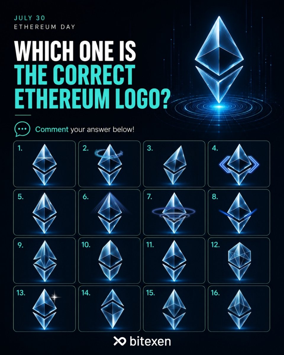 bitexencom's tweet photo. 💎 ETHEREUM DAY: WHICH LOGO IS REAL? 💎

How well do you know the Ethereum logo? 👀
Take a close look at the image and identify the official Ethereum logo. Comment its number below and compete for a share of our prize pool! ✨

🏆 A total prize pool of 150 USDT awaits!
💬 Comment the number of the official Ethereum logo.
Think you've got the right answer? Join the challenge and put your Ethereum knowledge to the test! 🚀

📌 Participation Details
🔹 Like this post and follow @bitexencom 
🔹 Comment the number of the official Ethereum logo
🔹 Deadline: August 5, 2026

🏅 Reward Conditions
✨ 10 participants will be randomly selected from those who submit the correct answer
✨ The 150 USDT prize pool will be shared among the selected winners
✨ Winners will be contacted via DM
✨ A verified Bitexen Global account is required

💡 Find the official Ethereum logo, comment your answer, and compete for a share of the 150 USDT prize pool!
#Bitexen #EthereumDay #Ethereum #ETH