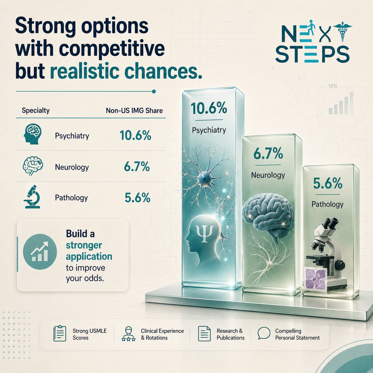NextStepsUSMLE's tweet photo. 2025 NRMP, the honest version 📊 Non‑US IMGs fill 33% of IM spots — under 2% of Plastics. Specialty choice is your biggest lever. Data, not destiny. #nrmp #img #residencymatch #NextStepsUSMLE #USMLECoaching #NextStepsStudyMaterials #NextStepsResources https://t.co/zv26X1E34T