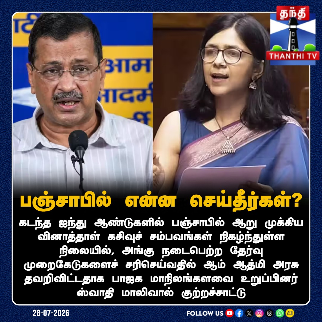 ThanthiTV's tweet photo. பஞ்சாபில் தொடரும் வினாத்தாள் கசிவு: ஆம் ஆத்மி அரசு மீது ஸ்வாதி மாலிவால் குற்றச்சாட்டு!
#SwatiMaliwal #PunjabGovernment #AAP #PaperLeak #ExamScam #ThanthiTV https://t.co/8YLGHKuO6g