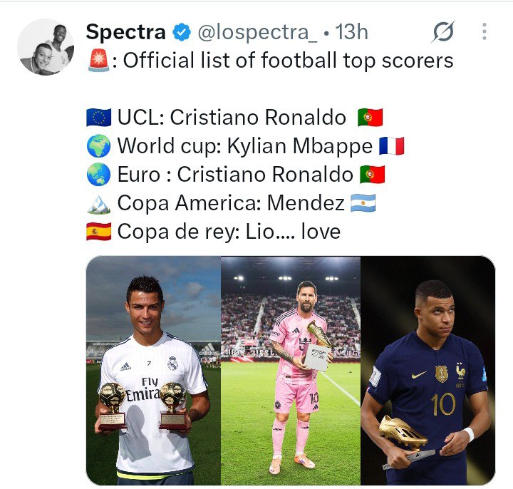 Mhansur7's tweet photo. @Agbelesebi11031 @Sheikhoooom @40 Ronaldo: Mr champions League 
Mbappe: Mr world cup 
Pionel pessi: Mr Copa del rey 

Everybody is winning in their own way 👏😂😂 https://t.co/J2vfJNMS3J