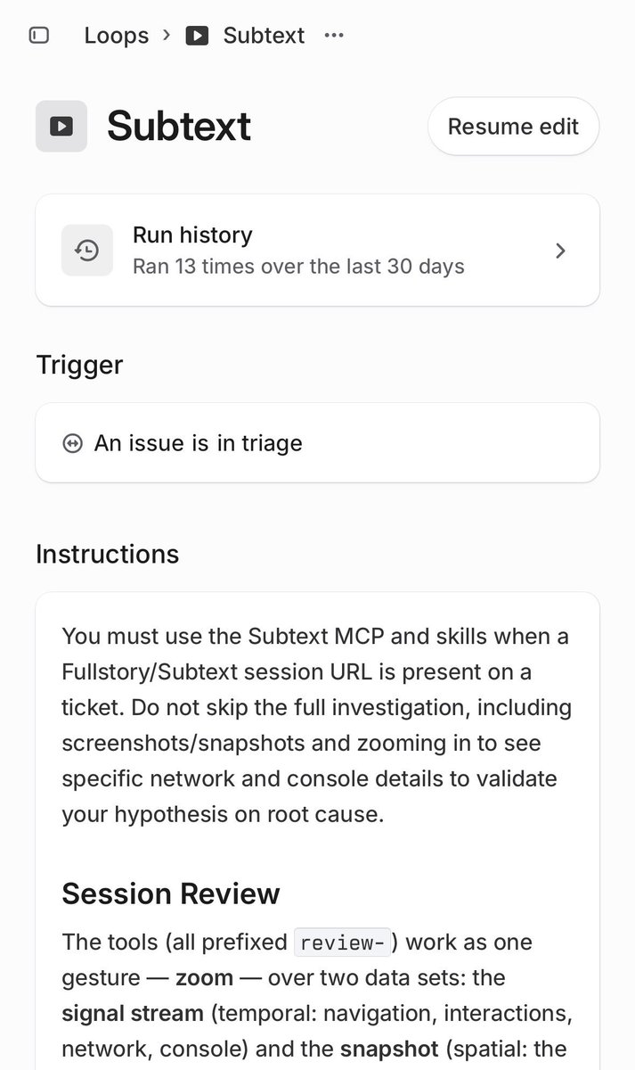chiplay's tweet photo. Subtext is live in the Linear directory.

Issues feed the Loop a session link and it runs the investigation. The agent gets tools to zoom into screenshots, network calls and console errors, root cause posted as a comment before an engineer or coding agent opens the issue.

https://t.co/baSzMcy89L