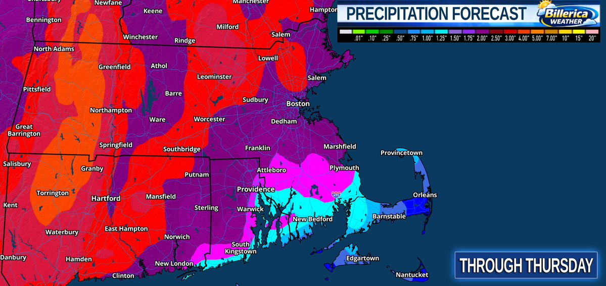 BillericaWX's tweet photo. Slow moving low pressure allows for training of heavy rain/storms creating the potential for urban flooding esp. in the west where the heaviest rain will fall. Heaviest rain in the east fall Wednesday aft'n into night. Widespread 2" with up to 3" east, 4-5" west. #mawx #snewx https://t.co/MljYdhdNBK