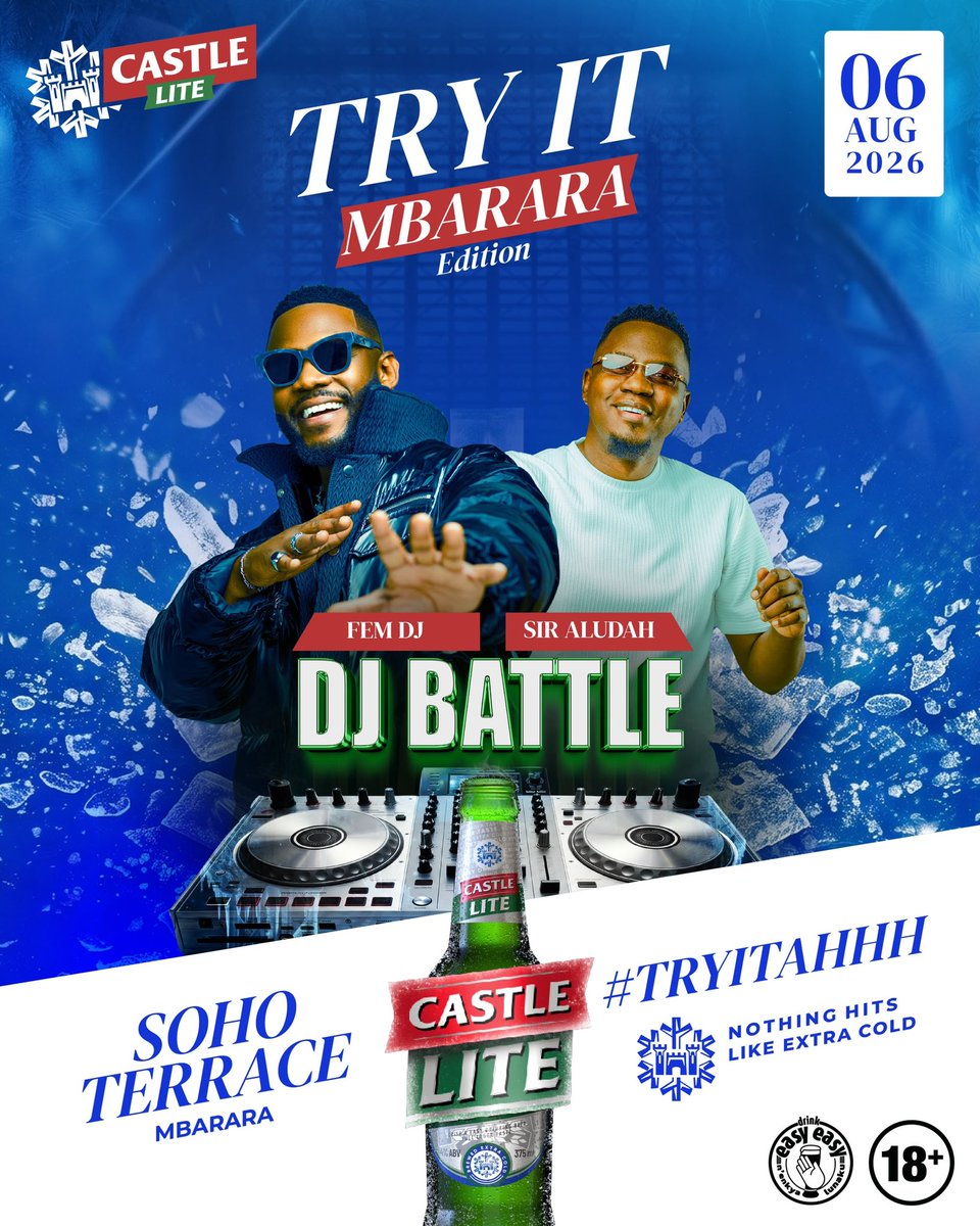 CastleLiteUg's tweet photo. Mbarara, we don’t do ordinary battles. Only the BEST make the decks. 

@fem_dj goes head-to-head with @DjAludah but who will own the night?

Pull up, back your DJ and bring the energy. With MC @AineDasha on the mic keeping the vibes alive, we’re bringing a night packed with music, madness and an Extra-cold Castle Lite experience. 

Mbarara
6th August 2026

CastleLite TryItAhhh TryItAhhhMbarara