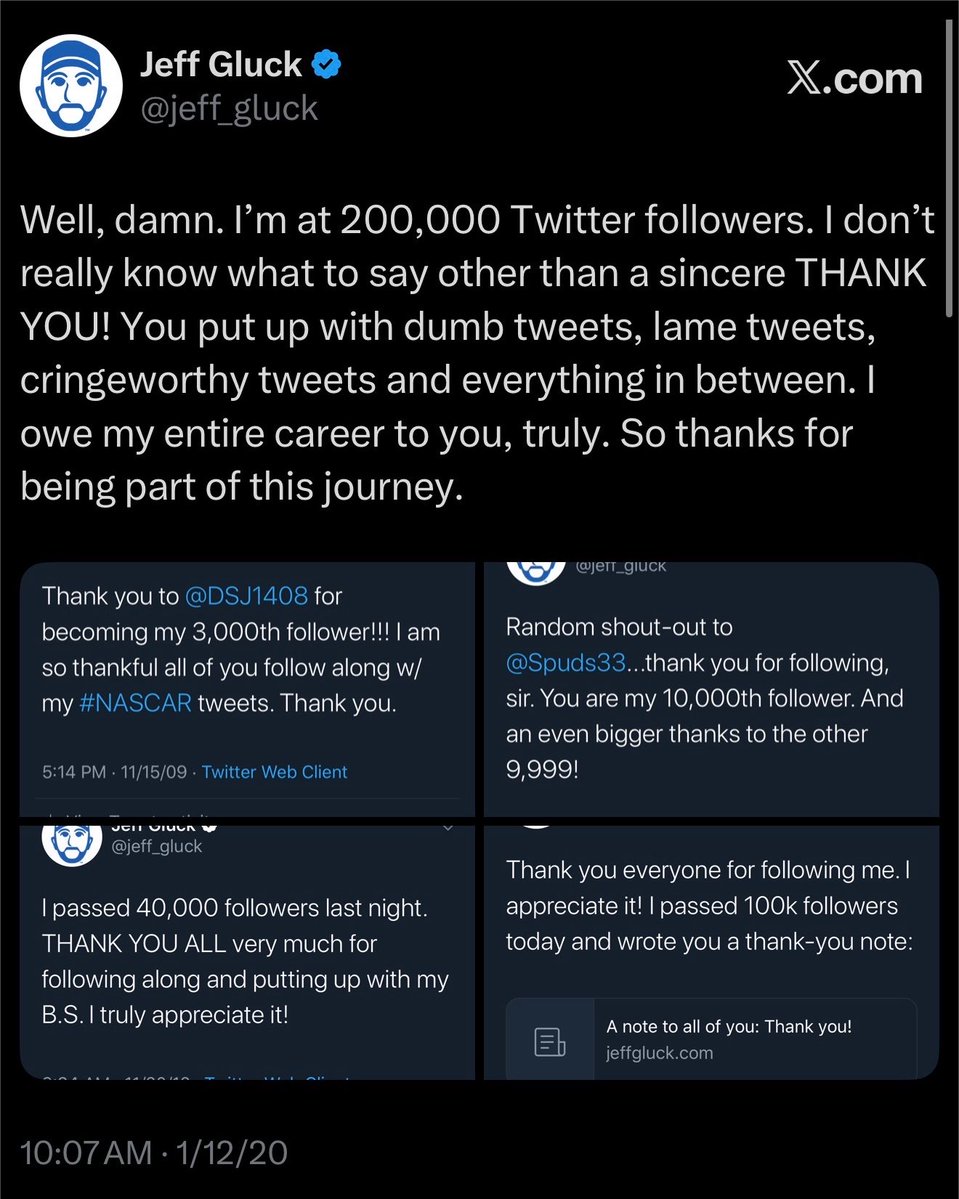 jeff_gluck's tweet photo. I recently passed 300k followers. It took me 6.5 years from 200k, so not sure I’ll be around here long enough for 400k. But despite all the crap that comes with living on this site, I’ve met so many amazing people who make it worth the time. So thanks to those who make it fun. https://t.co/DvfHiyBbJ4