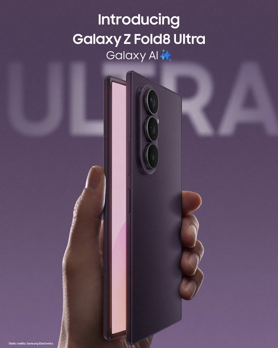 MDSSamsung's tweet photo. Introducing the new #GalaxyZFold8Ultra, the premium upgrade your fold has been waiting for. ✨ Slimmer than ever, Galaxy Z Fold8 Ultra feels right at home in your hand when folded, then unfolds into a bigger workspace where the #SidebysideMultiWindows helps you multitask like you're using two phones at once.
Powered by Snapdragon®️ 8 Elite Gen 5 for Galaxy and a 5000 mAh battery with up to 27 hours of video playback, it's built to keep up with your biggest ideas. 💡 Stand out with confidence in Violet Shadow, Green Shadow, Graphite, and Cream. Capture stunning shots with the 200 MP Wide camera and upgraded 50 MP Ultra Wide camera, then stay one step ahead with helpful suggestions from #NowNudge 🚀 #GalaxyAI
#GalaxyZFold8Ultra #GalaxyZFold8 #SamsungGalaxy #GalaxyAI #NowNudge #SnapdragonElite