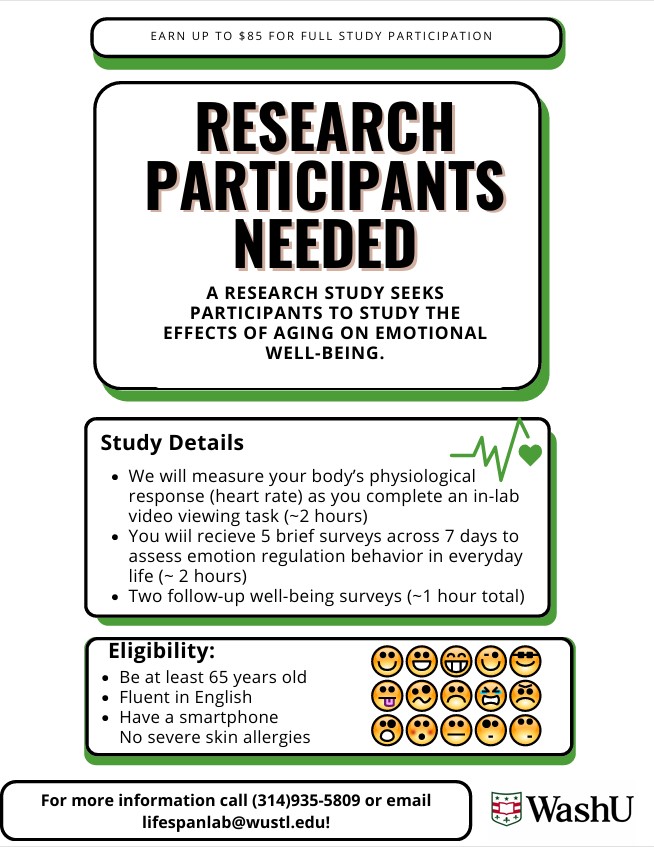 WashUVFH's tweet photo. Adults (age 65+) are needed for a #WashU research study to look at the effects of aging on emotional well-being. The total estimated participation time is about 5 hours. Up to $85 is provided. For more information call (314)935-5809 or email lifespanlab@wustl.edu! https://t.co/KriIzOBjzL