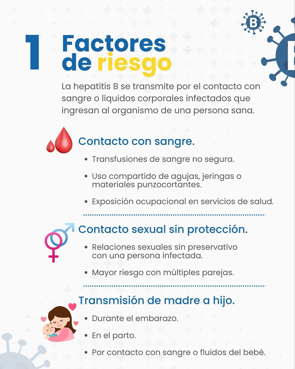Medisinuips's tweet photo. 1/2 🧵 
La prevención empieza contigo.

En el Día Mundial de la Lucha contra la Hepatitis B, conoce cómo reducir el riesgo de esta infección y proteger tu salud con la vacunación y el diagnóstico oportuno. https://t.co/K0Hl5iQNNg