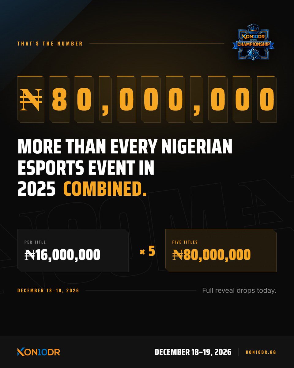 kon10dr's tweet photo. ₦80,000,000. That’s the number. More than every Nigerian esports event in 2025 combined. Full reveal drops today. #KEC2026 https://t.co/FLRSj04kKg