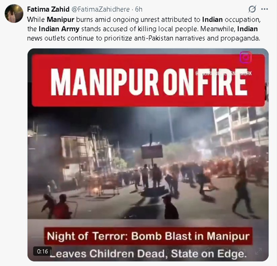Factsy_'s tweet photo. Be aware. Old, out-of-context clips are being recycled by multiple accounts, often traced back to Pakistan-based propaganda networks, and reused with fresh fake captions about #Manipur. The goal is to spread panic and misinformation. Verify before you share. https://t.co/21hHTjfjAx