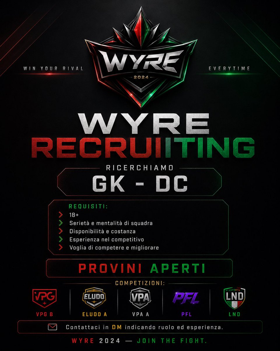 WYRE_24's tweet photo. ⚔️ WYRE RECRUITING ⚔️

RICERCHIAMO
GK - DC

Requisiti:
• 18+
• Serietà e mentalità di squadra
• Disponibilità e costanza
• Esperienza nel competitivo
• Voglia di competere e migliorare

PROVINI APERTI 🔥

Competizioni:
VPG B - ELUDO A - VPA A - PFL - LND 

📩 Contattaci in DM indicando ruolo ed esperienza.

WYRE 2024 — JOIN THE FIGHT.