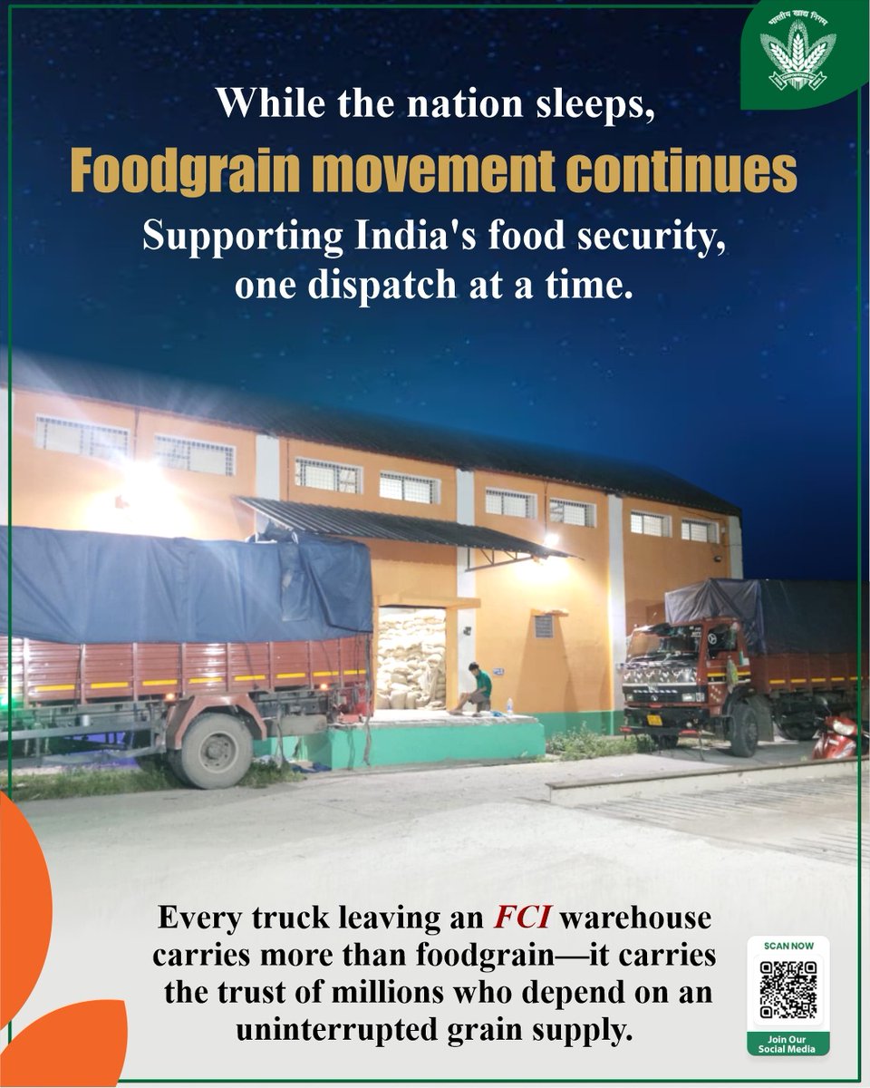 FCI_India's tweet photo. Food security never sleeps. Neither do we

Across the country, FCI works round the clock to ensure the seamless movement of foodgrains, supporting the uninterrupted functioning of the Public Distribution System and strengthening India's food security.

Every dispatch is more than a journey—it is a commitment to timely delivery, operational excellence and the trust of millions who depend on a reliable food supply.

@mygovindia @fooddeptgoi @PIB_India @JoshiPralhad
@Nimu_Bambhaniya @blvermaup
#FCI #FoodSecurity #WarehouseOperations #SupplyChain #Logistics #FoodGrainMovement #PublicDistributionSystem #OperationalExcellence