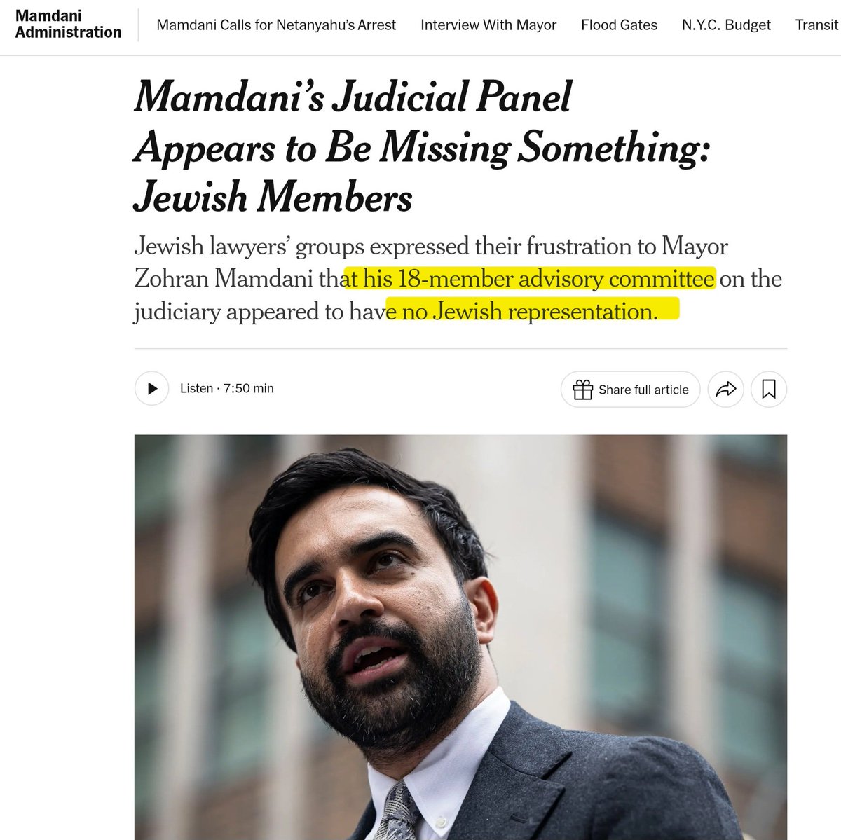 Saul_Sadka's tweet photo. Don’t be surprised that Mamdani—a man for whom a Judenrein Middle East is his political lodestar—also wants a Judenrein NYC. About 45% of NYC lawyers are Jewish. The odds of selecting 18 NYC lawyers at random and ending up with a panel containing no Jews are 0.55 to the 18th power—or roughly one chance in 47,149.

And it’s not about “Zionism.” There are plenty of anti-Zionist Jewish lawyers he could have picked, including thousands who, to their shame, voted for him. It’s about Jews. He hates Jews. It's not complex.