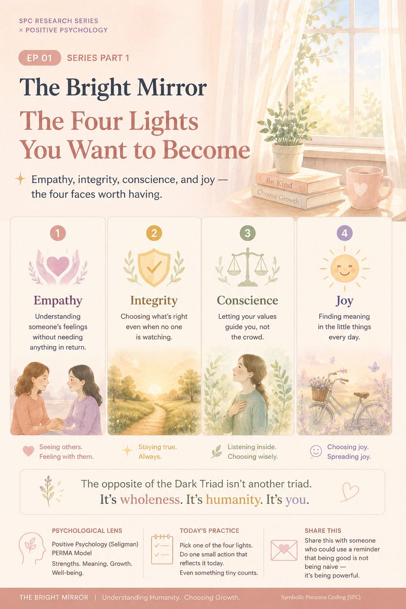 Jace_blog1's tweet photo. The Four Lights You Want to Become
Empathy, integrity, conscience, and joy are not talents reserved for a few.
They are qualities we strengthen through everyday choices.
Real character is built quietly, one moment at a time.
#HumanFlourishing #PositivePsychology https://t.co/5M3GUVWAPR