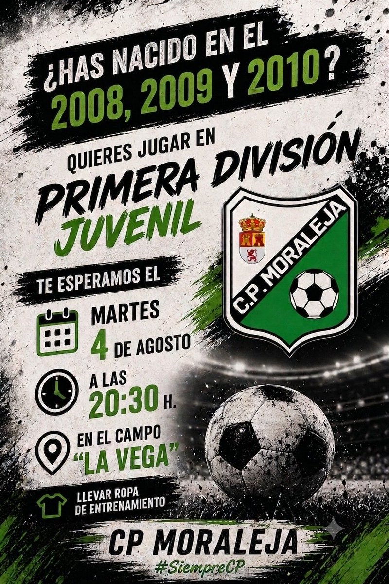 moralejacp's tweet photo. ‼️ATENCIÓN‼️

!! REUNIÓN INFORMATIVA 𝐉𝐔𝐕𝐄𝐍𝐈𝐋𝐄𝐒 !!

Si te gusta el futbol y has Nacido en: 2008/2009/2010 puedes asistir a la reunión del Equipo Juvenil del CPMoraleja!👌🏼

¡Ya tenemos fecha! 

Martes 4/8 a las 20.30h en el Campo de La Vega.
.
#JuvenilesCP🏴‍☠️
#SiempreCP🏳️🏴 https://t.co/gMDNslsegc