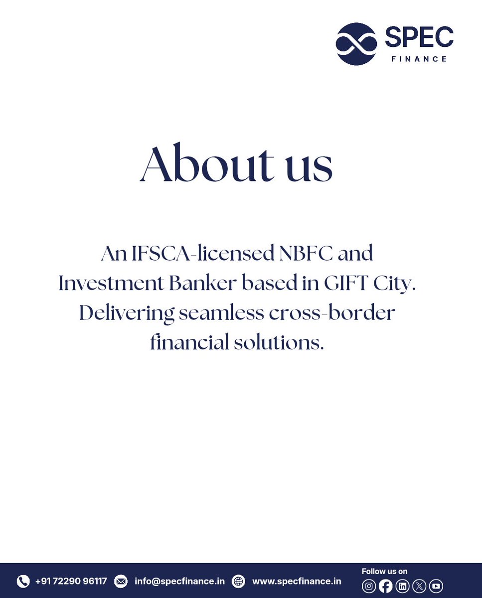 specfinancegfty's tweet photo. We are SPEC Finance (IFSC) Pvt. Ltd., An IFSCA-licensed NBFC and Investment Banker based in GIFT City, India.

Connecting Indian values with global opportunities through corporate lending, trade finance, and investment banking.

#SPECFinance #TradeFinance #InvestmentBanking https://t.co/IYNXTfe5Qf