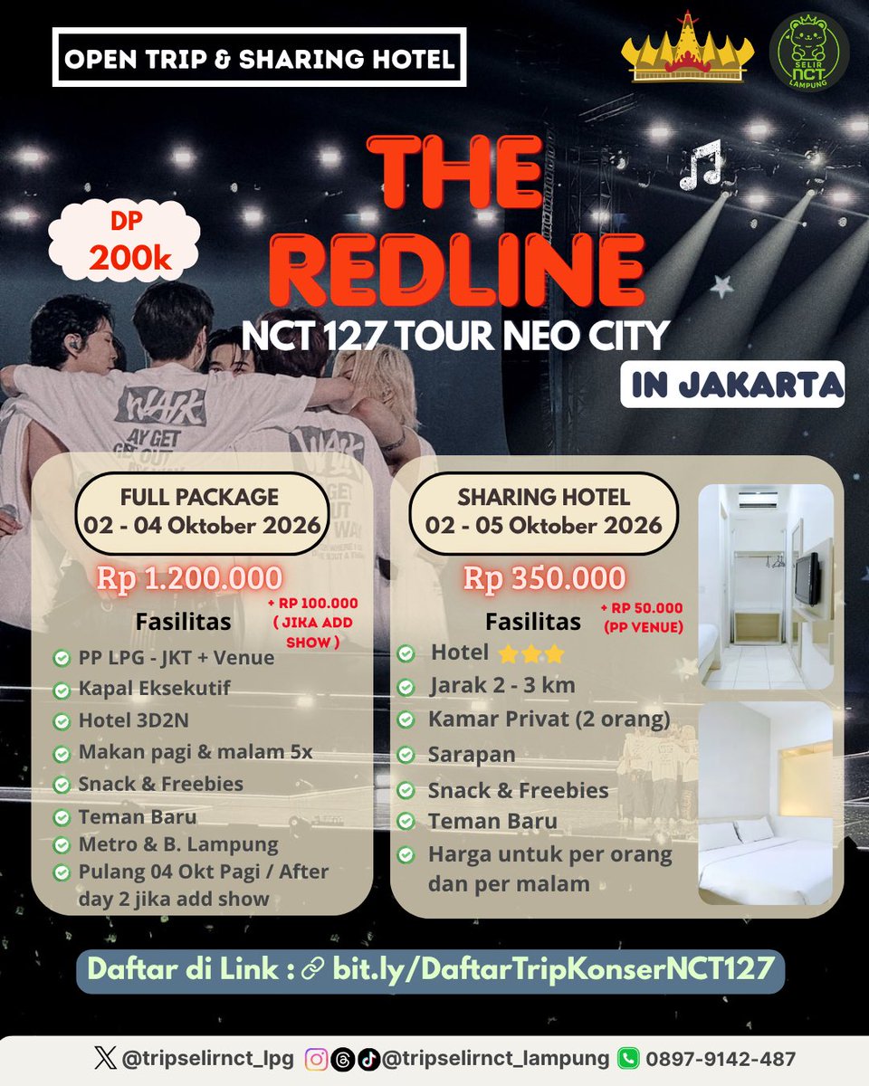selirnct_lpg's tweet photo. OPEN TRIP KONSER
#NCT127 avail β
#BTS avail β
#BIGBANG avail β
#ENHYPEN avail β
Buruan join tripnya, kuota terbatas
Join via link https://t.co/VZD59KFrT6
Jangan sampek keabisan yaa ππ€
#nctzenlampung #armylampung #viplampung #engenelampung #tripkonserseru #konserasik https://t.co/y1esPZAkh9