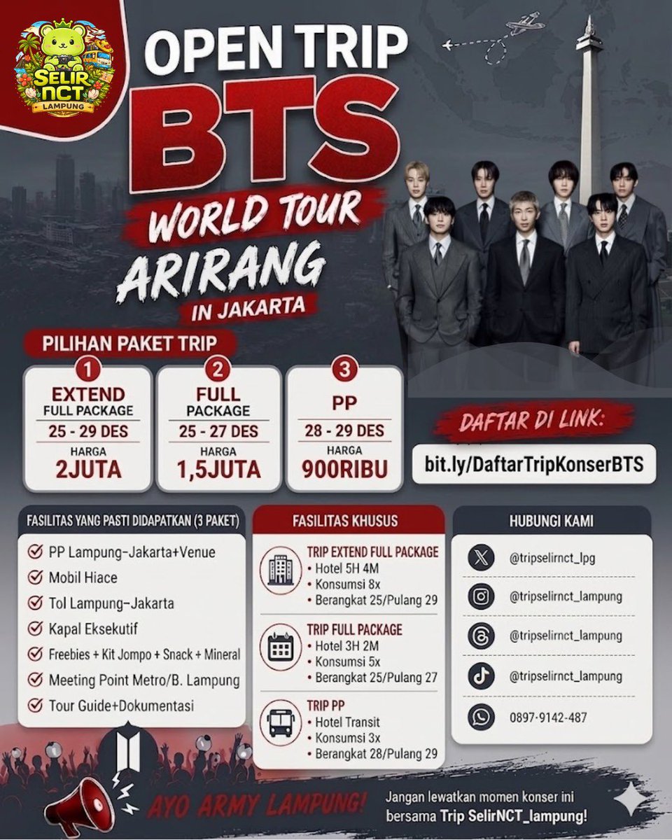 selirnct_lpg's tweet photo. OPEN TRIP KONSER
#NCT127 avail β
#BTS avail β
#BIGBANG avail β
#ENHYPEN avail β
Buruan join tripnya, kuota terbatas
Join via link https://t.co/VZD59KFrT6
Jangan sampek keabisan yaa ππ€
#nctzenlampung #armylampung #viplampung #engenelampung #tripkonserseru #konserasik https://t.co/y1esPZAkh9