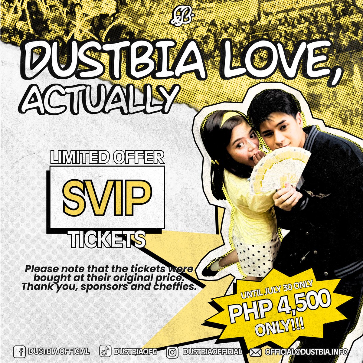 dusbiofc's tweet photo. 𝐒𝐓𝐄𝐏 𝐈𝐍𝐓𝐎 𝐓𝐇𝐄 𝐒𝐕𝐈𝐏 𝐄𝐗𝐏𝐄𝐑𝐈𝐄𝐍𝐂𝐄

The best moments deserve the best seats. Don’t miss your chance to experience #DustBiaLoveActually up close.

SVIP Ticket — ₱𝟰,𝟱𝟬𝟬.𝟬𝟬 only

All tickets are secured at the full TicketNet price, while our amazing sponsors and fellow Cheffies help cover part of the cost to make this offer possible. 💛

🔗: https://t.co/vPlVd37Fh9

🎫 Limited availability. Grab yours before they’re gone.