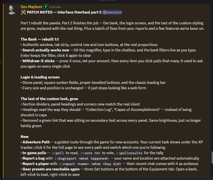 PumpFunScape's tweet photo. Part 1 rebuilt the panels. Part 2 finished the job. ✅

Authentic bank, authentic login, authentic everything. Plus Adventure Path for new players and a stack of fixes from your reports.

We ship. Every day.

▶️ https://t.co/h1YhfQlK6Q

$PSCAPE #RSPS #OSRS #GameDev https://t.co/f5jrBYxYtB