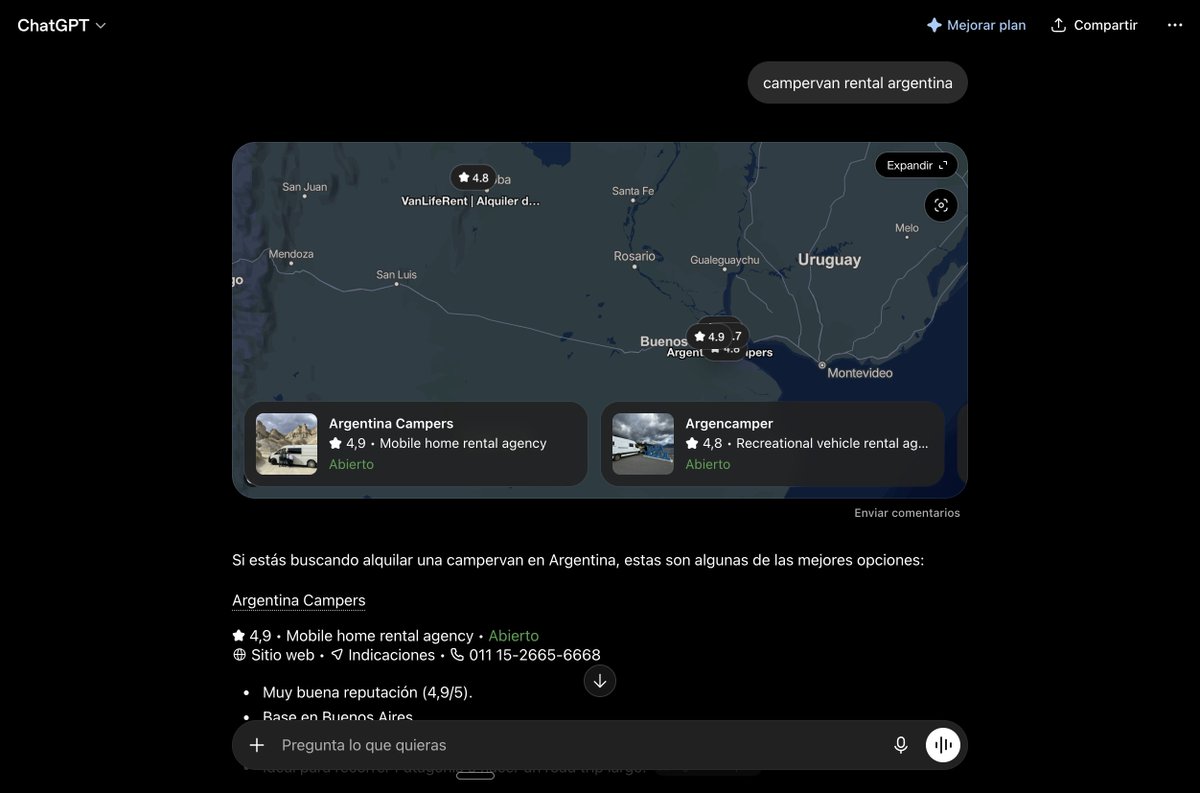 tomidelu_'s tweet photo. Hoy testié el SEO del primer cliente de @huevsite_studio y fue realmente postivo el resultado.

La busqueda fue sencilla, busqué "campervan rental argentina" y en Google, ChatGPT y Claude, Argentina Campers fue la primer recomendación de estos motores de búsqueda.

No subestimen el SEO y el AEO, realmente una web puede obtener mucho más alcance con un posicionamiento digital más fuerte.