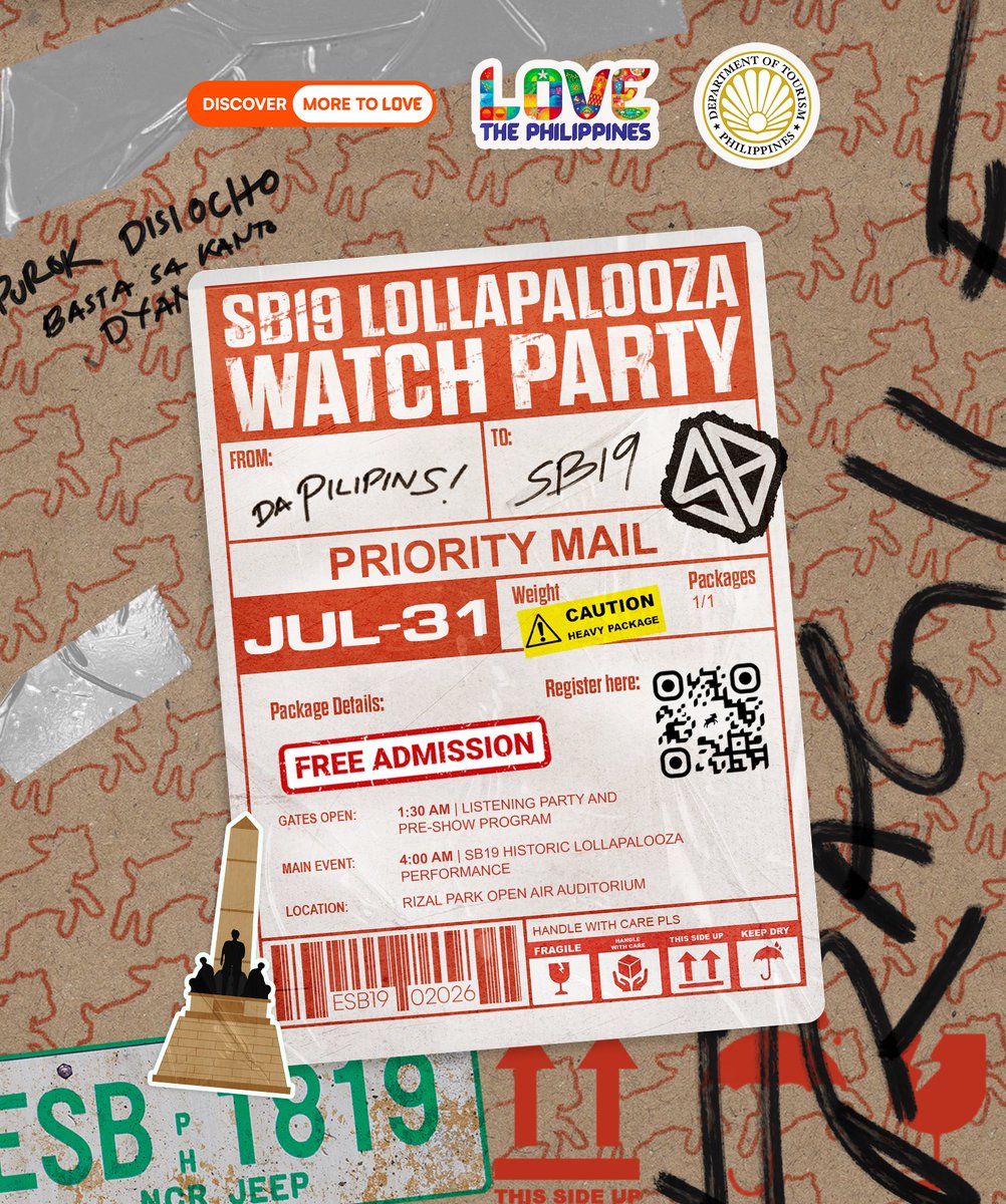 TourismPHL's tweet photo. 📢 UY, SB19—LOLLAPALOOZA DADALHIN SA LUNETA 🇵🇭

The wait is over — SB19 makes history as the first Filipino act to ever perform at Lollapalooza, and we're bringing the celebration home! 🎤✨

Join us for a FREE live simulcast watch party at the Rizal Park Open Air Auditorium as SB19 takes the Allianz Stage in Grant Park, Chicago!

📅 Friday, July 31, 2026
⏰ 1:30 AM – 6:00 AM
📍 Rizal Park Open Air Auditorium, Manila
🎟 FREE admission — registration required

Come early, bring your fellow A'TIN, and be part of the crowd that watches Filipino talent shine on the world stage — together, as one nation. 🇵🇭❤️

Register now: https://t.co/PXLWW76Lxf

#SB19xLollapalooza #SB19xDOT #UySB19 #SB19 #DiscoverMoreToLove #LoveThePhilippines