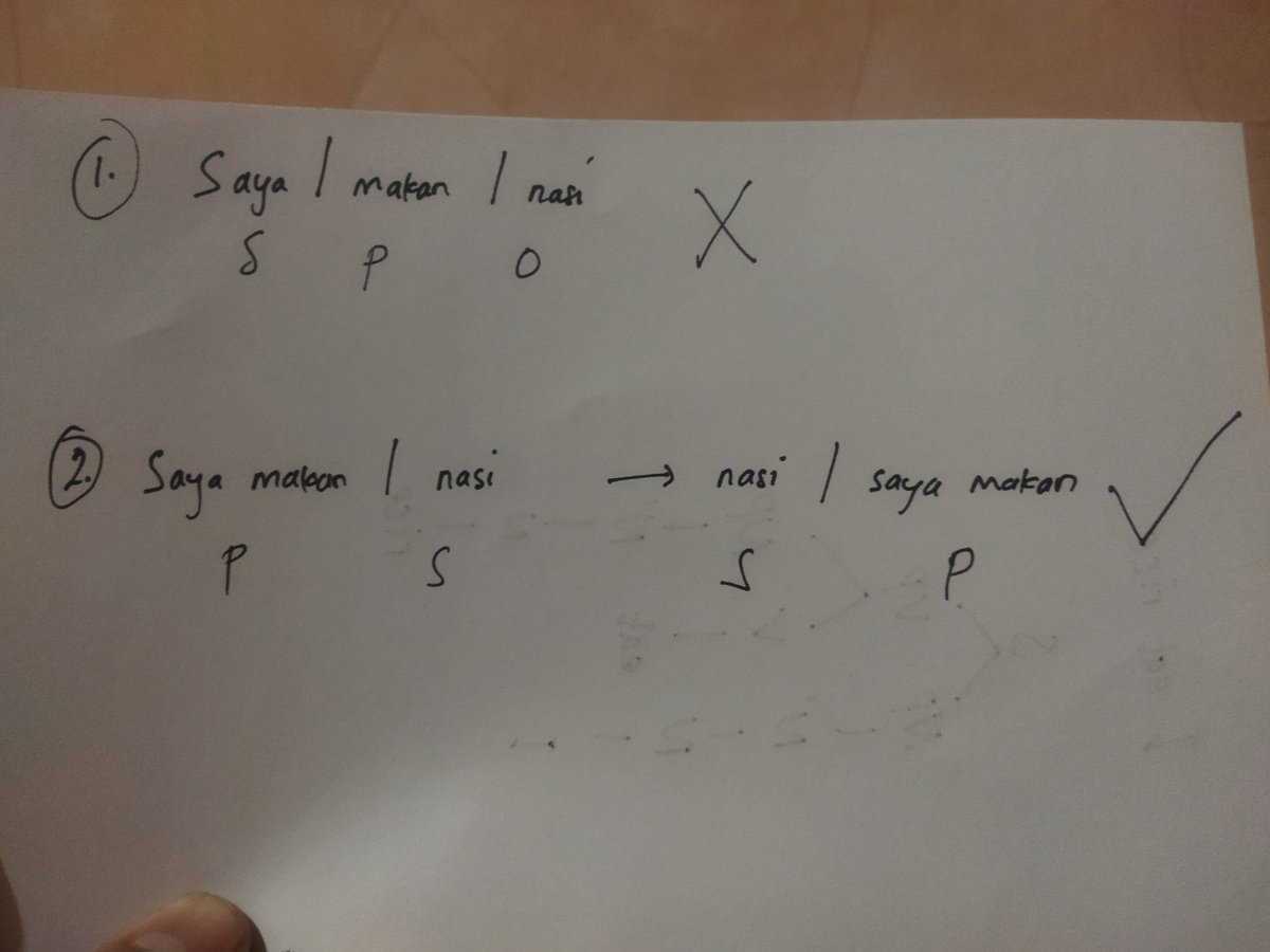 _maulanaas's tweet photo. Kalau untuk “The vase I broke” itu bukannya bisa dilihat dari SFL Halliday ya pak? 

The vase = Theme (Goal yang difronting)
I broke = Rheme. 

Sependek pemahamanku voice-nya tetap operative (aktif), di mana:
Actor = I
Process = broke 
Goal = the vase

Fronting ini dipilih untuk alasan tekstual, yaitu membuat Goal sebagai titik tolak pesan, seringnya untuk kontras atau fokus informasi. 

Kalau dalam voice, English sendiri membedakan operative/receptive, tapi "the vase I broke" bukan receptive. Receptive yang natural adalah memang the vase was broken (by me).

Nah, kembali ke konteks “Saya makan nasi,” apakah pemahamannya jadi seperti gambar yang aku lampirkan, di mana predikatnya itu “Saya makan” secara kesatuan? 

Terus pertanyaan selanjutnya, bagaimana bentuk aktif dari kalimat tersebut pak? Apakah harus diberikan imbuhan me- supaya jadi “Saya memakan nasi” baru bisa dikatakan itu adalah kalimat aktif? 

Kebetulan terkait affixation sendiri, bahasa Indonesia dan English memang sangat jauh berbeda. Jadi aku penasaran sama jawaban-jawabannya...