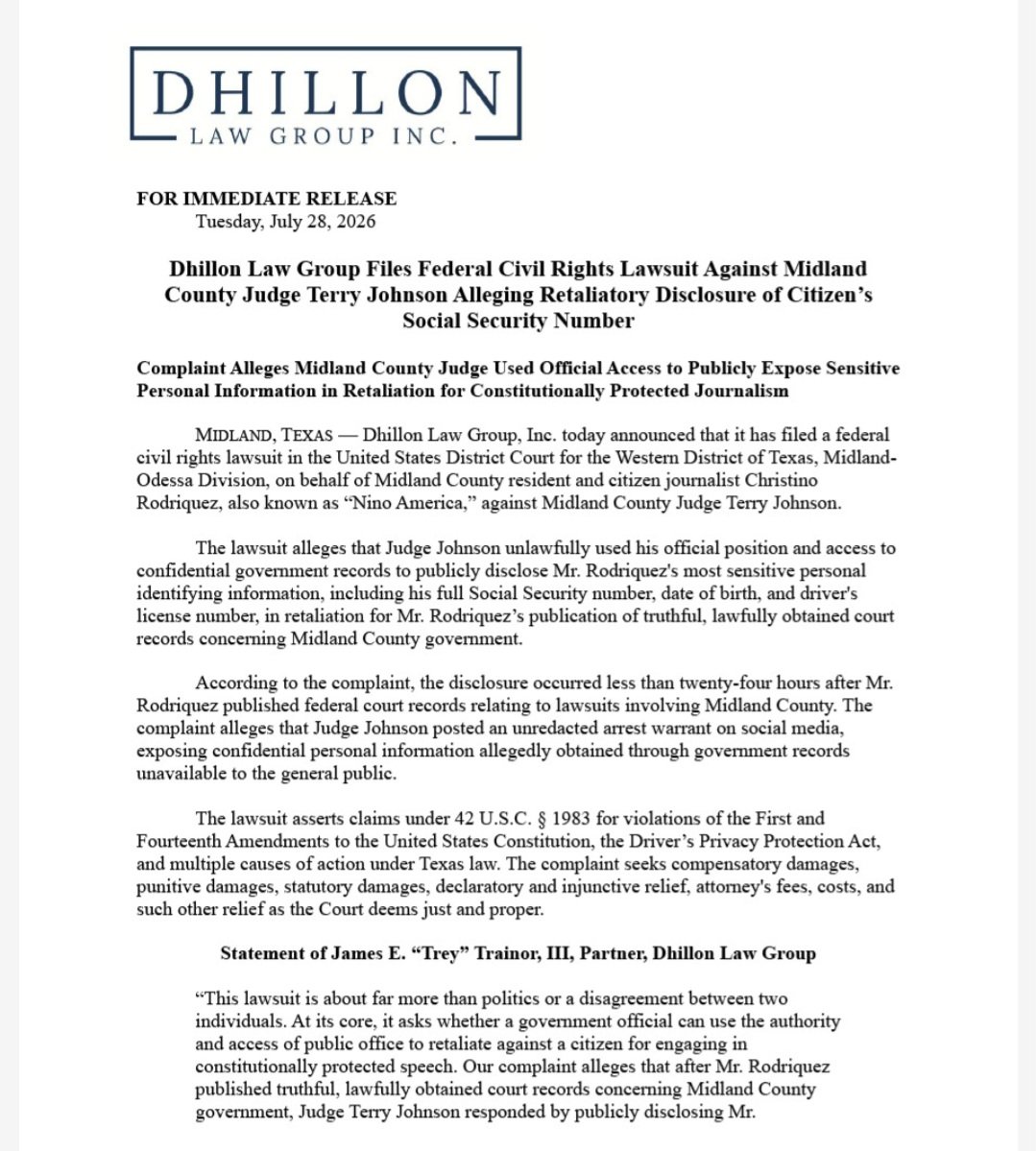 DeadReckoningTr's tweet photo. @Nino_Merica filed suit against Midland County Judge, Terry Johnson in Federal Court- Western District- right after 5pm Monday. @MidlandCoTX
@TerryForMidland @FirstAlert
@ABCBig2News 

Press Release Dhillon Law Group - Trey Trainor Partner 👇
https://t.co/MtY72CGgWX https://t.co/CnLIEVXHlW