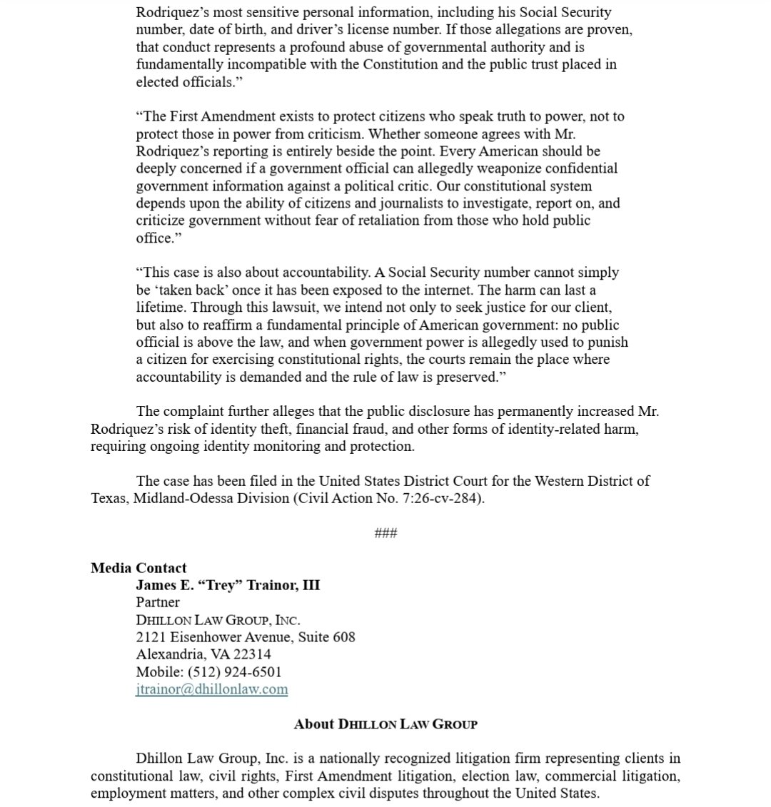 DeadReckoningTr's tweet photo. @Nino_Merica filed suit against Midland County Judge, Terry Johnson in Federal Court- Western District- right after 5pm Monday. @MidlandCoTX
@TerryForMidland @FirstAlert
@ABCBig2News 

Press Release Dhillon Law Group - Trey Trainor Partner 👇
https://t.co/MtY72CGgWX https://t.co/CnLIEVXHlW