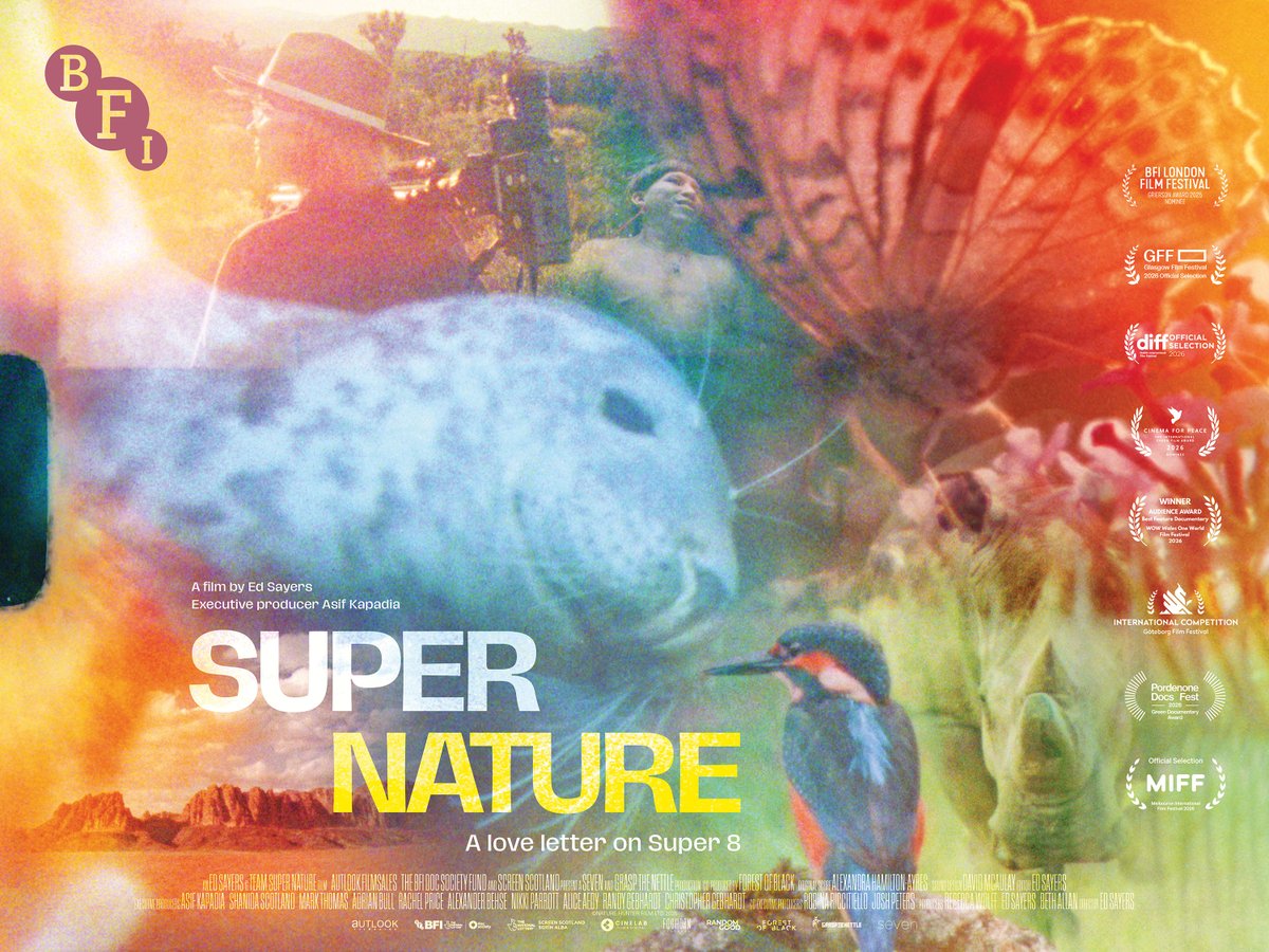 BFI's tweet photo. Revealed! The new poster for Super Nature - a love letter to nature shot entirely on super 8 film.

In-cinema Q&A tour with director Ed Sayers starts 17 August. In cinemas 4 Sep with a Q&A Tour from 17 Aug, and on BFI Player and Blu-ray in November.

Supported by the BFI Doc Society Fund, awarding National Lottery Good Cause funding.
