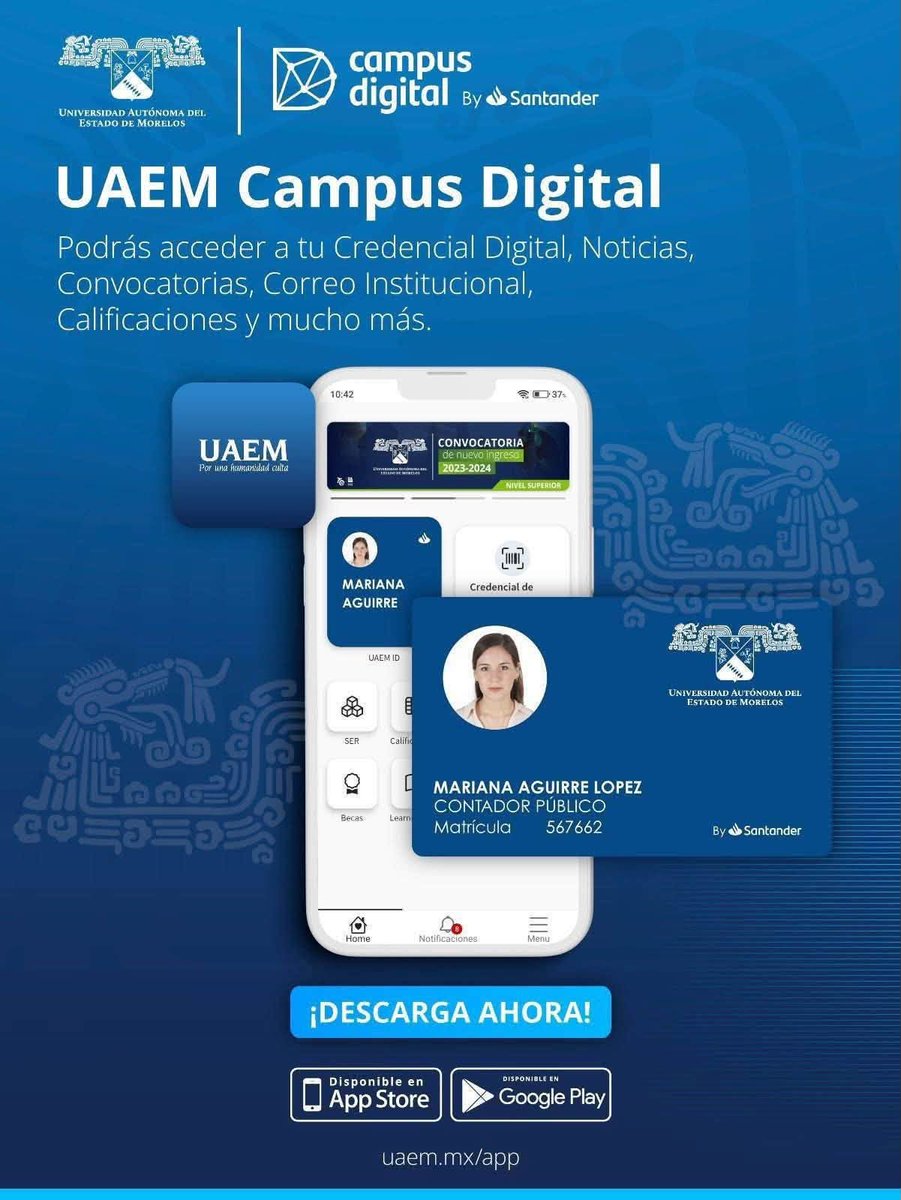 uaemorelos's tweet photo. Con la app UAEM Campus Digital accede de manera rápida y segura a tu credencial digital, correo institucional, calificaciones, convocatorias, servicios universitarios y mucho más.
 https://t.co/g0rNfWUGiL
 Disponible en App Store y Google Play
#UAEM #CampusDigital https://t.co/KMcp7iRmOn
