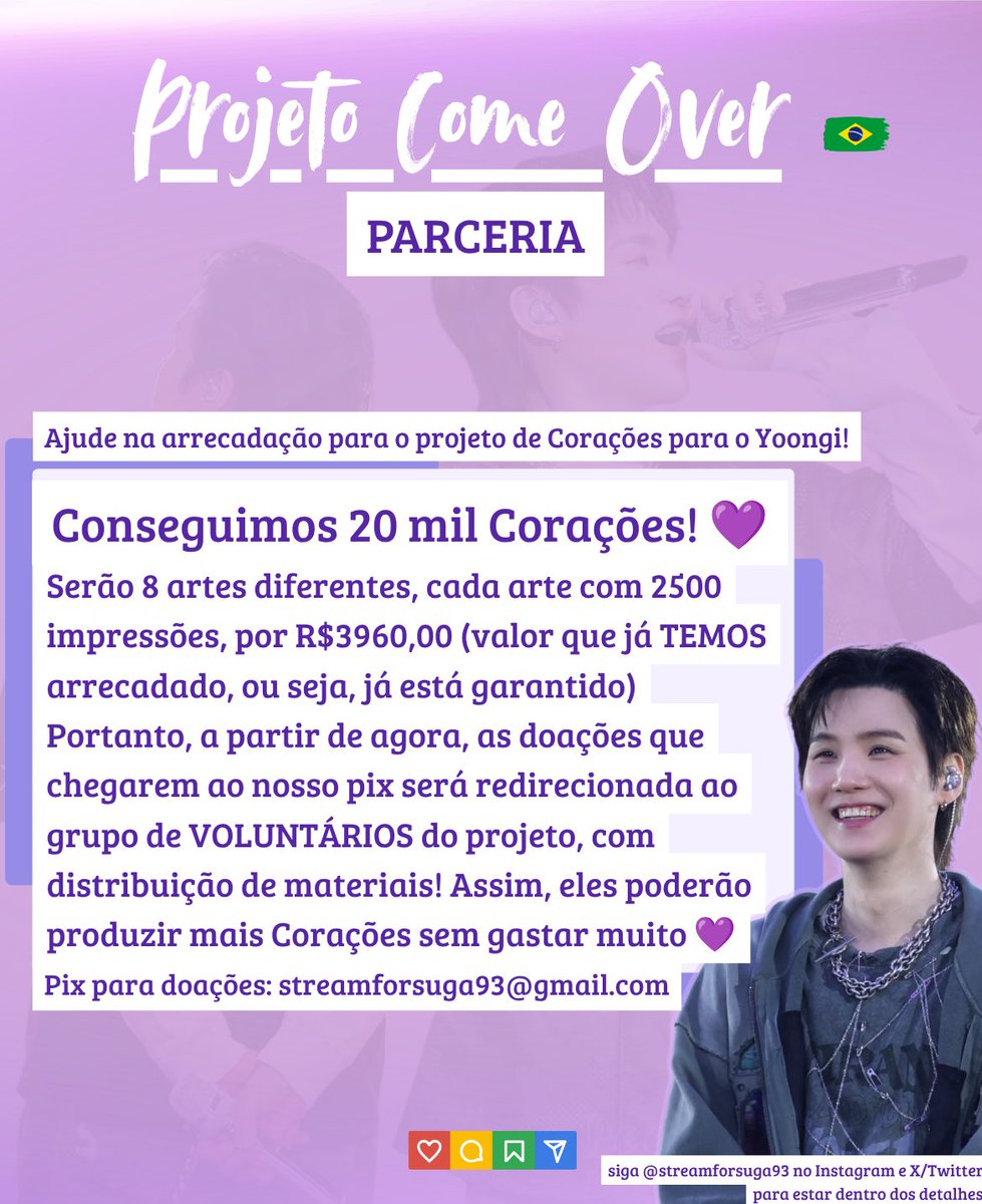 streamforsuga93's tweet photo. Nós queremos primeiramente agradecer a cada um que tem ajudado a compartilhar o projeto, pois é graças a vocês, que propostas boas como essas chegam até nós. Cada republicação, cada comentário e like, cada mensagem perguntando como participar como voluntário e cada Pix de doação ao projeto: ele só está sendo possível por causa da ação de vocês. É um projeto do Fandom B-ARMY, no qual cada passo é dado por vocês mesmos. Muito obrigada! 

Também queremos agradecer a @/kmyar_shop (IG) pela proposta amigável, que nos beneficiou com um corte de custos muito grande e vai nos ajudar muito com a realização do projeto! Muito obrigada, ami 💜

Não deixem de compartilhar! A meta mesmo é conseguirmos lotar o estádio de Corações para o Yoongi. Para isso, precisamos chegar ao máximo de ARMYs possível!

#PurpleHeartsForSUGA
#ComeOverForYoongi
#OurHeartsForYoongi
#ProjetoComeOverBR