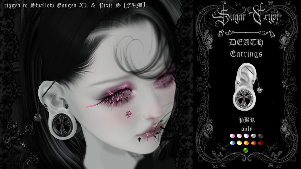 peachyyyhime's tweet photo. ♱ Sugar Crypt - DEATH Earrings ♱ out now at my MAINSTORE!

♱PBR only

♱ Dyeable Parts ♱
- Cross
- Gem
- Gauge
- Morningstar
- Metals

♱ Rigged to Swallow Pixie Gauged Ears &amp; Gauged XL (F&amp;M)
♱ 11 different color options
♱ copy/nt

༉‧₊˚. TELEPORT:
https://t.co/v4fDcXagQ3 https://t.co/4tukCihzZF