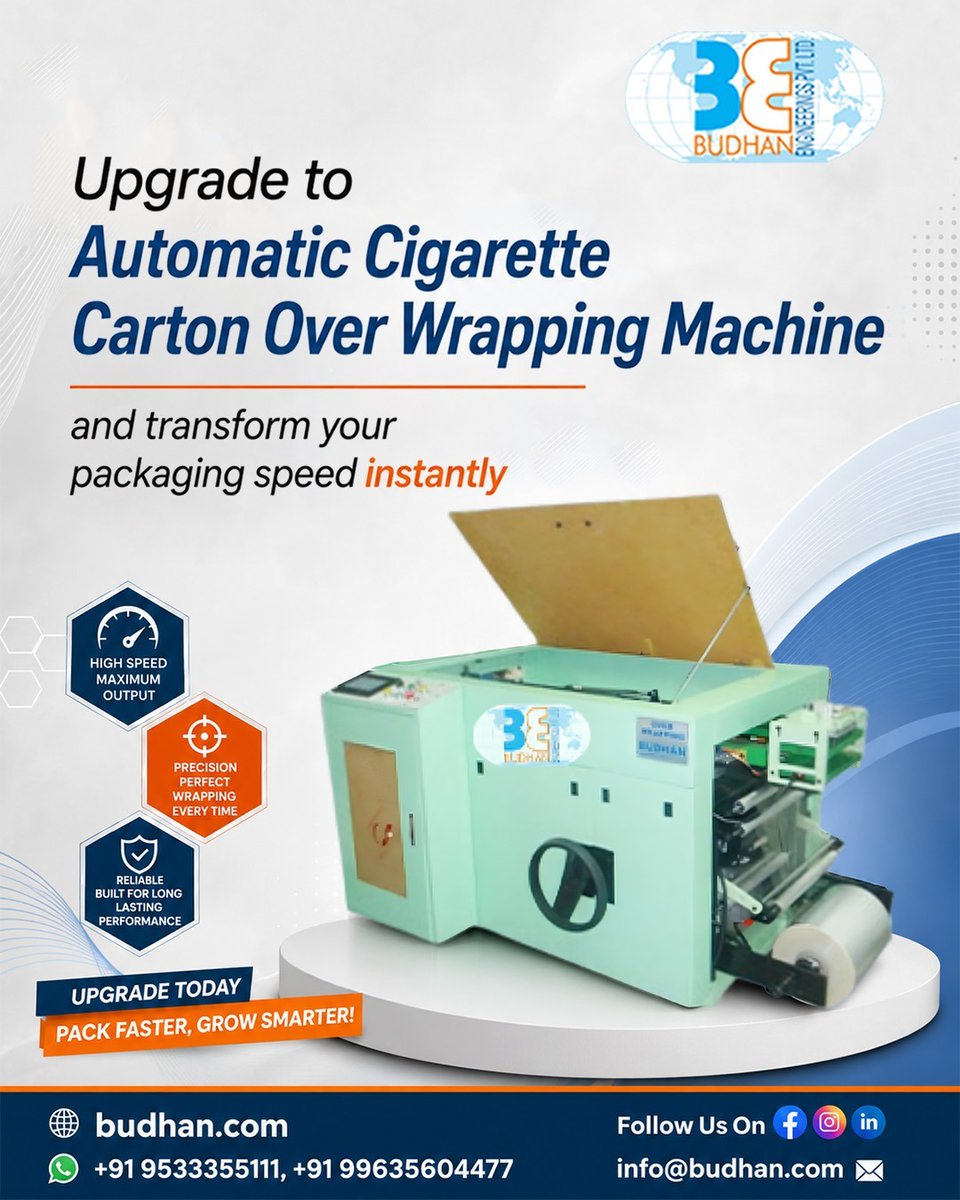 budhan_official's tweet photo. Upgrade to Automatic Cigarette Carton Over Wrapping Machine
and transform your packaging speed instantly
Faster packing. Better output. Higher profits.

📞 +91 9533355111 | +91 99635604477
🌐 https://t.co/Fhm6oOYYY5
 
#BudhanEngineering #OverWrapper #PackagingMachine #Automation https://t.co/K93skF7HNJ