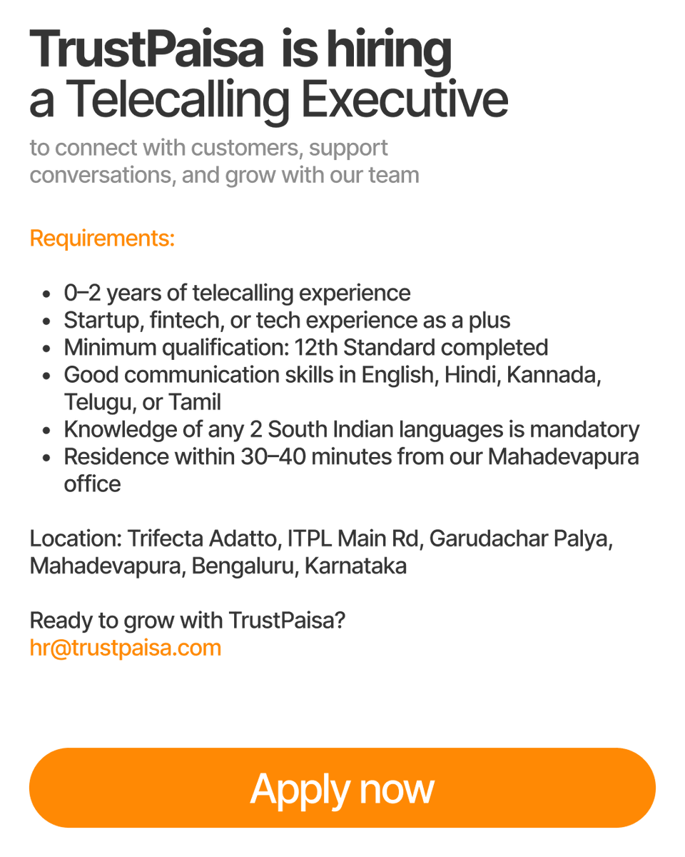 TrustPaisa's tweet photo. We're Hiring Telecalling Executives!
If you have great communication skills and enjoy connecting with customers, this is your chance to grow with TrustPaisa.
#trustpaisa #fingular
#Hiring #TelecallingExecutive #Jobs #BangaloreJobs #CustomerService #TrustPaisa #NowHiring https://t.co/NvZHfNmYiA