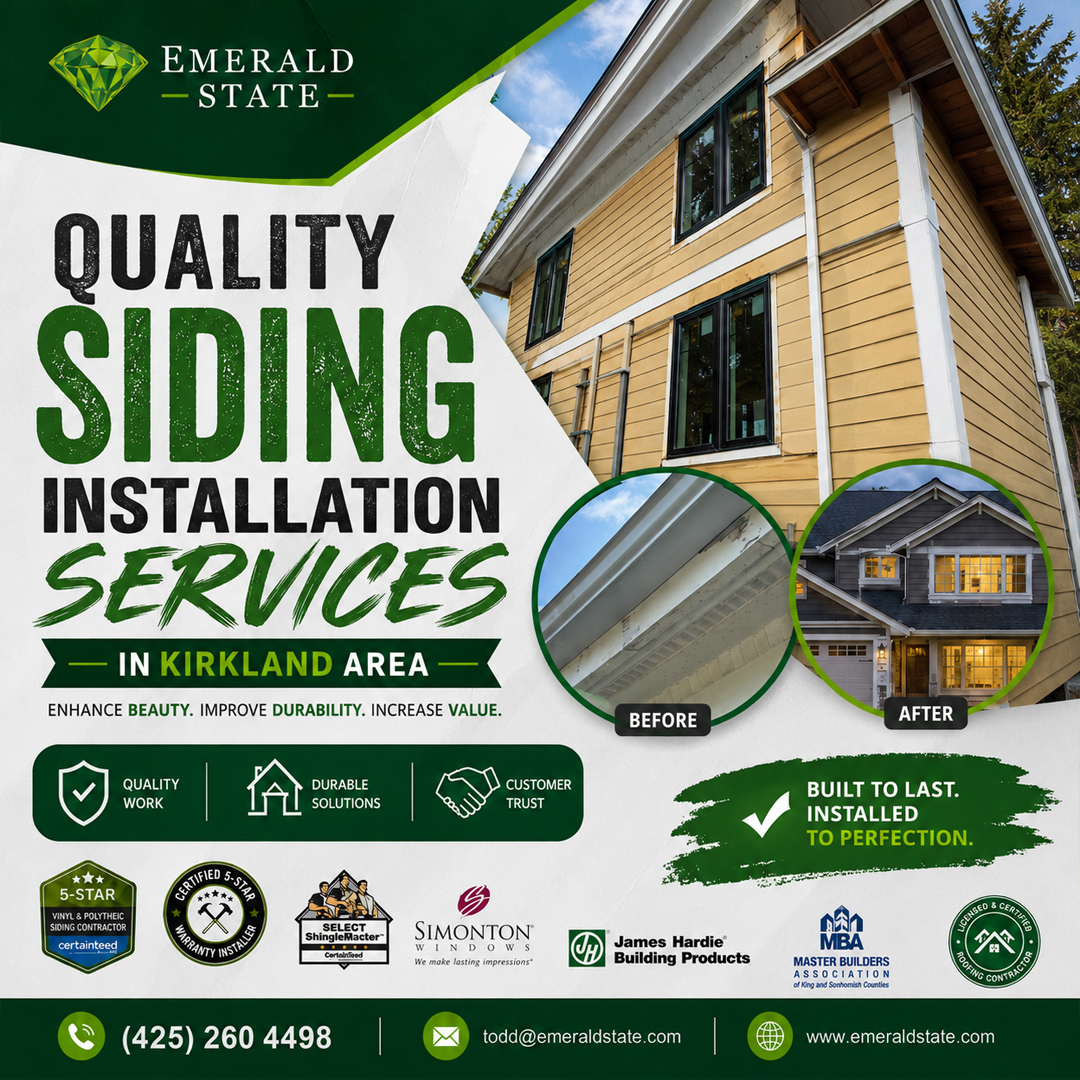 Emerald__State's tweet photo. For expert Siding Kirkland services, contact our local team. We offer a variety of modern, durable siding options that provide exceptional protection and a stunning new look.
Visit: https://t.co/NO9x1LSUtk
#EmeraldState #Siding #Windows #residentialroofing #sidingkirkland https://t.co/9sWmOpNGHn