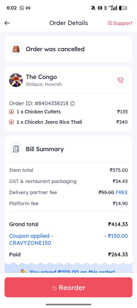 ShawAnikettt's tweet photo. mera order 1.20 hour late tha and cancel karne pe full amount cancel charge lag gaya please help me mai student hu itna cancel charge nhi de sakta please refund @zomato @zomatocare  order id 8404338218 https://t.co/Phb8WoLSJf
