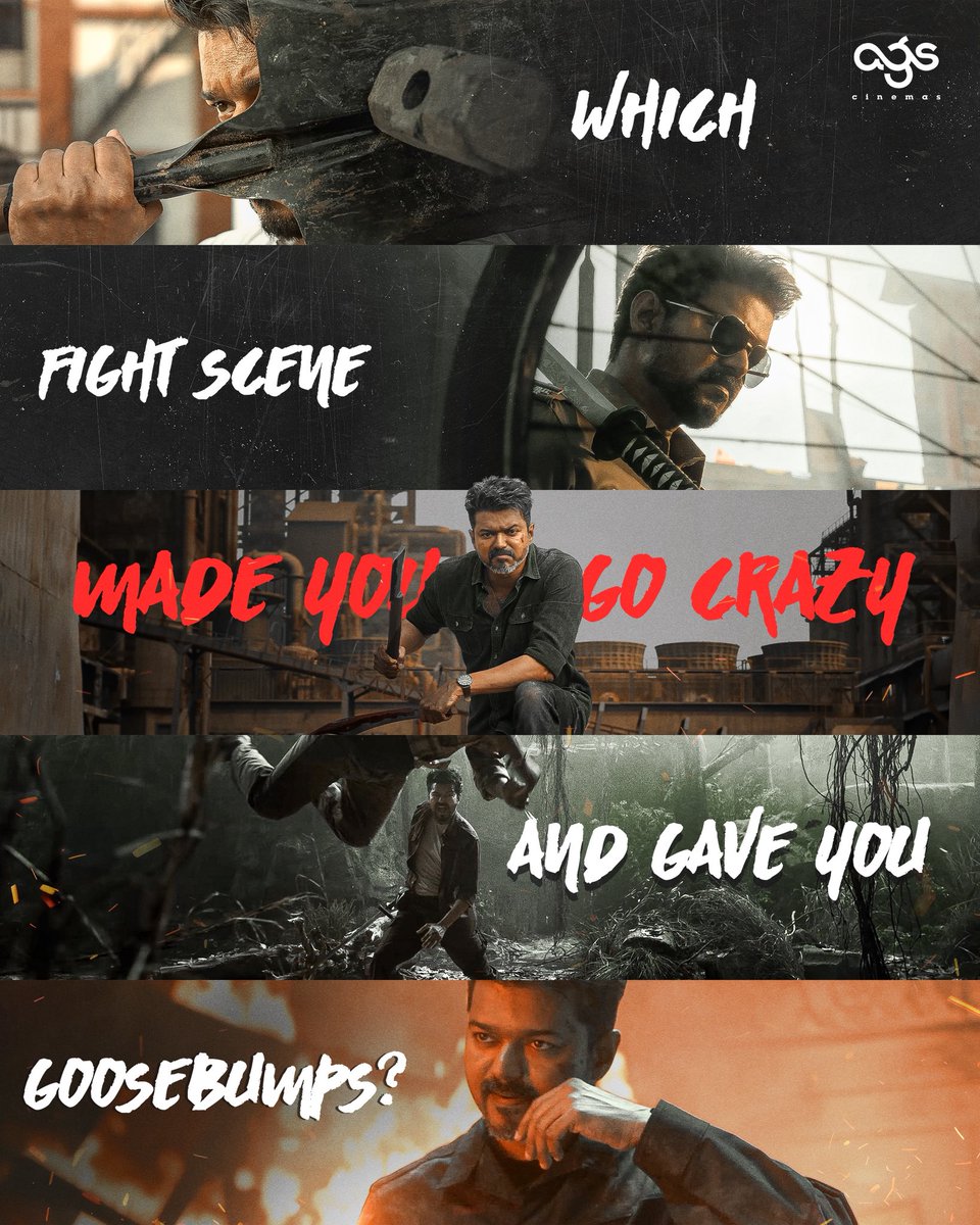 agscinemas's tweet photo. Which fight sequence made you want to watch it all over again? 🔥

#JanaNayagan Running Successfully in Cinemas

Book your tickets now and watch it at #AGSCinemas 

🔗 https://t.co/9RiRaN7t7c

[Hon’ble Chief Minister C Joseph Vijay, Pooja Hegde, Bobby Deol, Mamitha Baiju, Prakash Raj, Gautham Vasudev Menon, Priyamani, Narain, Nassar, Sunil, H. Vinoth, Anirudh Ravichander]

#CMJosephVijay #AnirudhRavichander