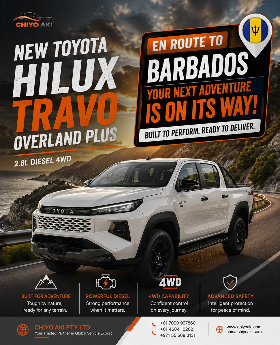 chiyoakihub's tweet photo. EN ROUTE TO BARBADOS
NEW TOYOTA HILUX TRAVO OVERLAND PLUS 2.8L
#ChiyoAkiPtyLtd #ToyotaHilux #HiluxTravo #OverlandPlus #Hilux2026 #TurboDiesel #4WD #Barbados #EnRoute #RightHandDrive #Toyota #PickupTruck #WorldwideShipping #BuiltForAdventure https://t.co/NYZ5Ey5HMb