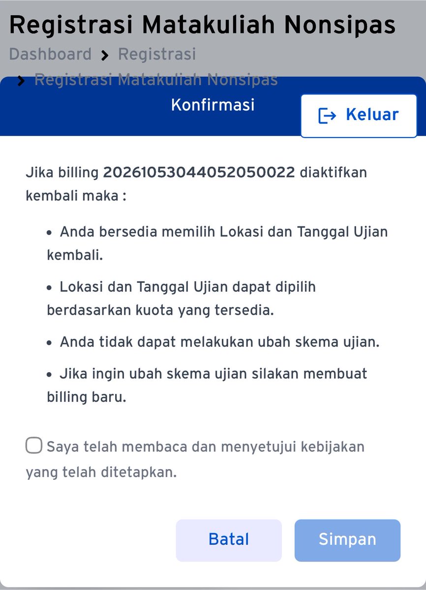 safitrahwm's tweet photo. @terlihatutuh @utfess Sama aku jg belum bayar billingnya. Tp trnyaya billing aktifnya cm 2 jam, lewat 2 jam harus aktifkan billing kembali. Kalo aktifin billing kembali pilih lokasi sekolah dan jadwalnya ulang sesuai kuota tersedia kak🥲 https://t.co/q0pN8sRVG4
