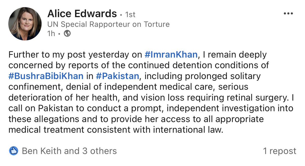 JaredGenser's tweet photo. Thanks AGAIN @DrAliceJEdwards, @UN Special Rapporteur on #Torture for now speaking out against the inhumane treatment of #BushraBibiKhan, the wife of former #Pakistan PM & #politicalprisoner @ImranKhanPTI by the Pakistani regime. @sayedzbukhari #humanrights @PTIofficial @PTIOfficialUSA https://t.co/jwi1xBVpsb